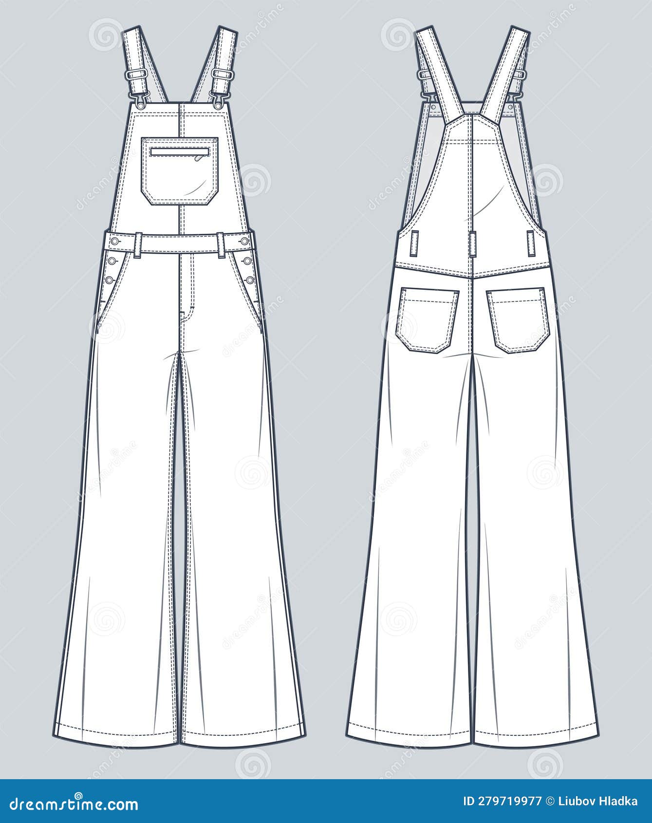 Denim Overalls Fashion Flat Technical Drawing Template. Wide Leg ...