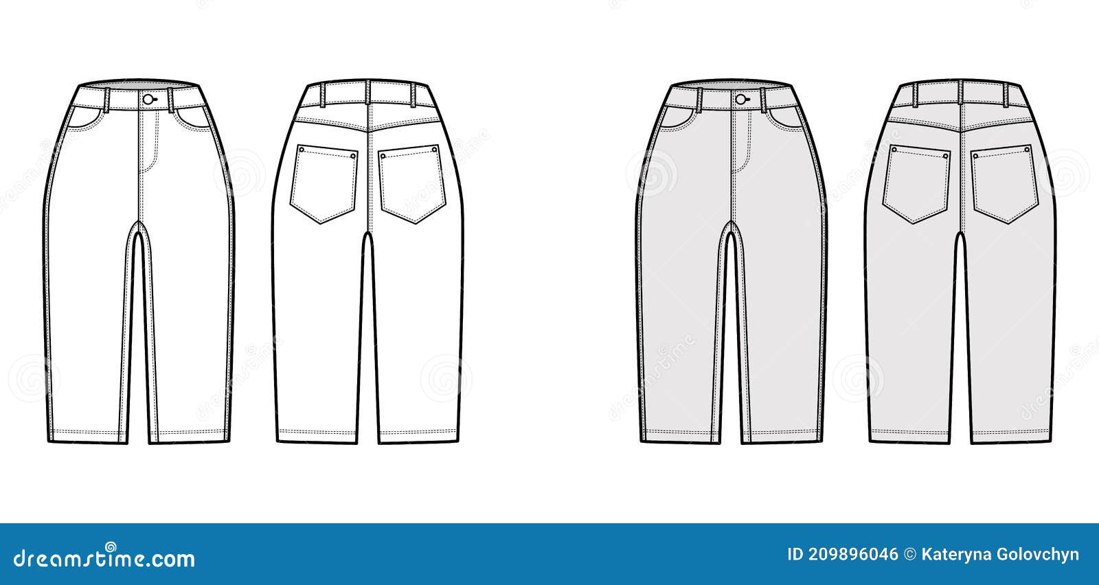 Denim Short Pants Technical Fashion Illustration with Knee Length ...