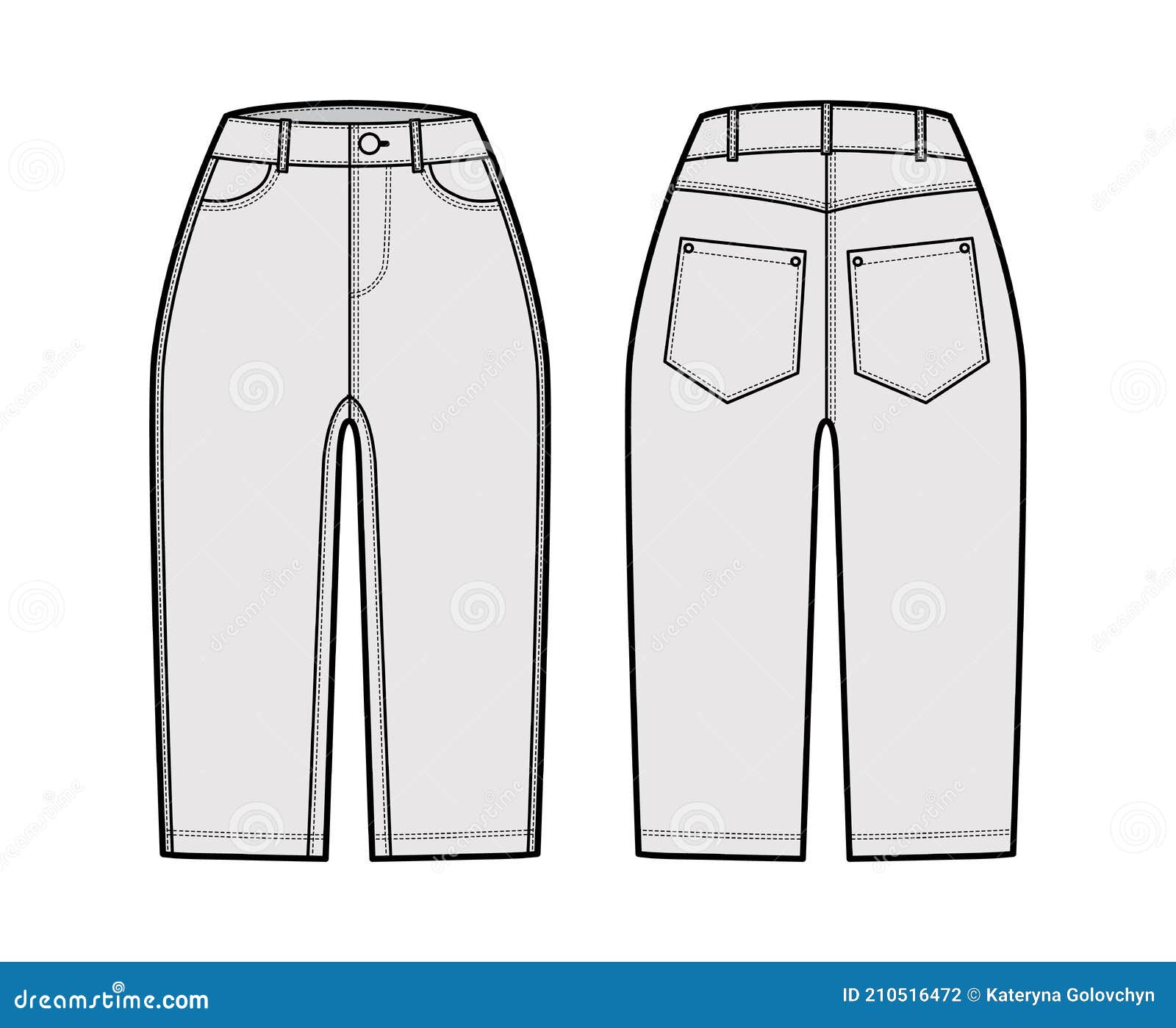 Denim Short Pants Technical Fashion Illustration with Knee Length ...