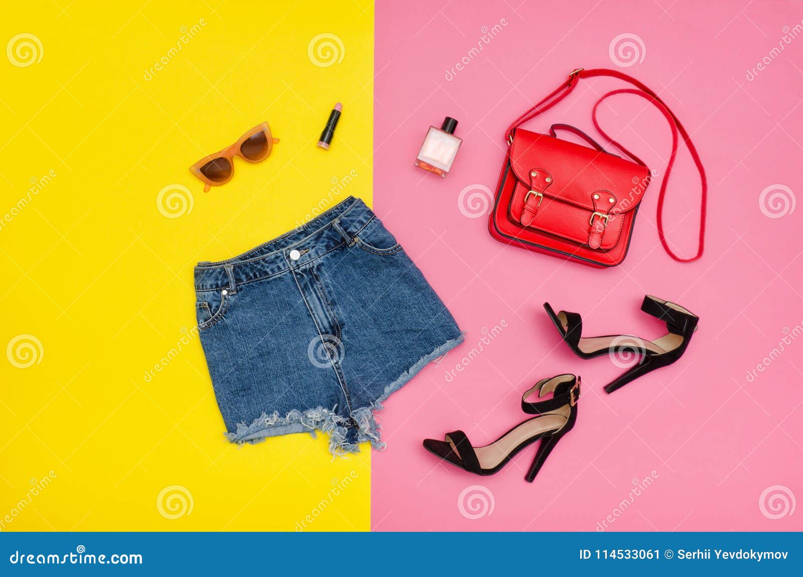 Denim Shorts,black Shoes, Red Handbag, Sunglasses. Bright Yellow Stock ...