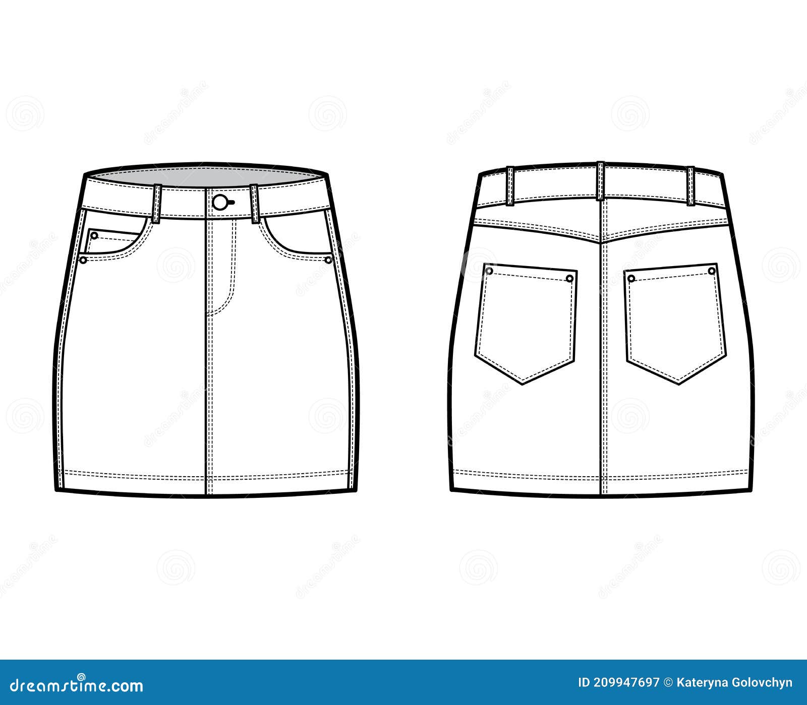 Denim Skirt Technical Fashion Illustration with Mini Length, Low Waist ...