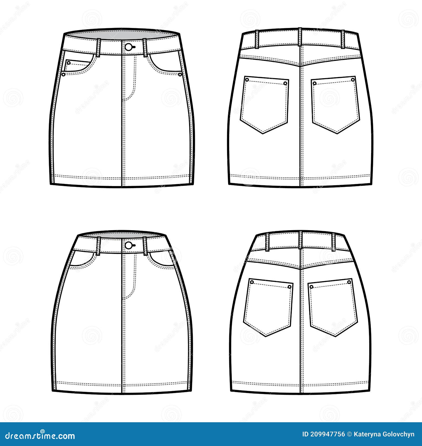 Denim Skirt Technical Fashion Illustration with Mini Length, Normal Low ...