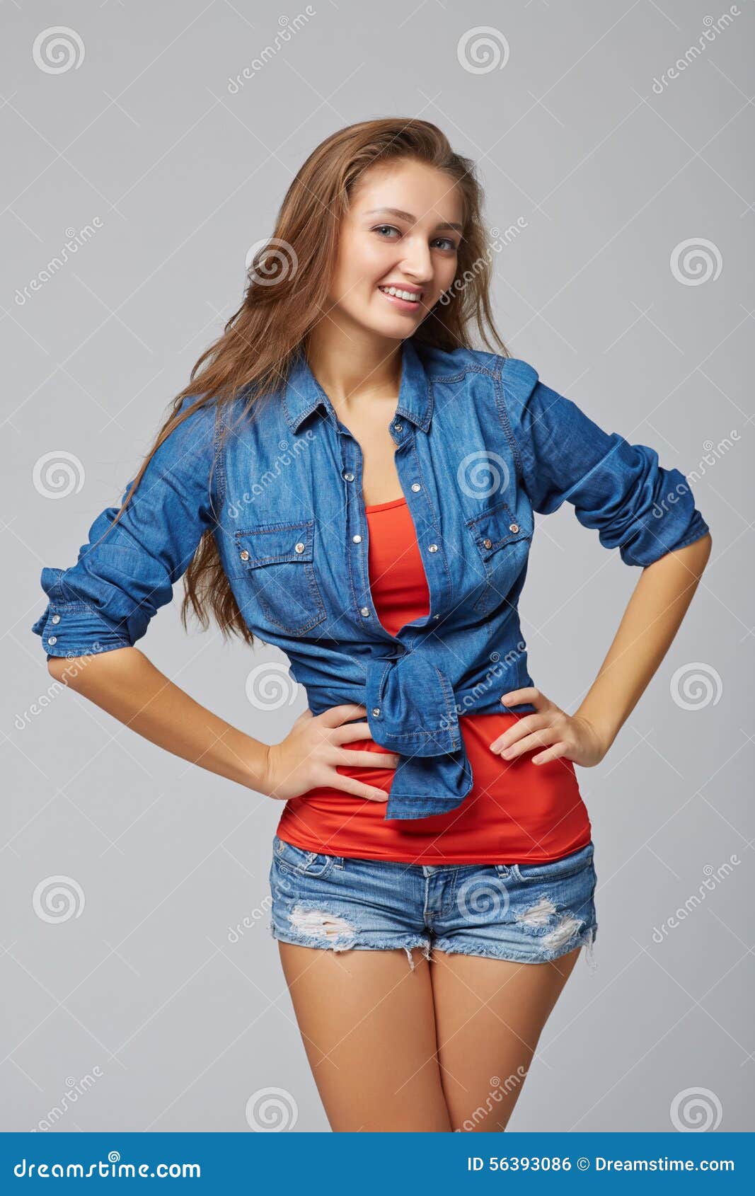 Denim Style Portrait of Teen Girl, Over Gray Background Stock Photo ...