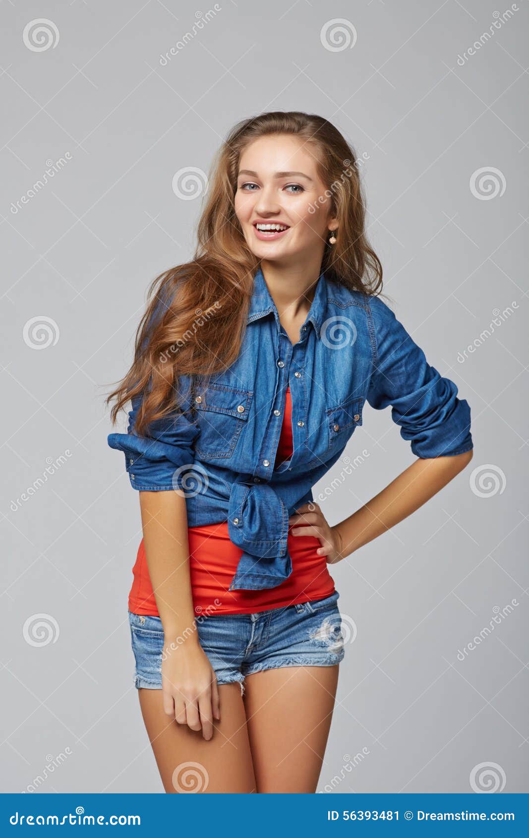 Denim Style Portrait of Teen Girl, Over Gray Background Stock Image ...