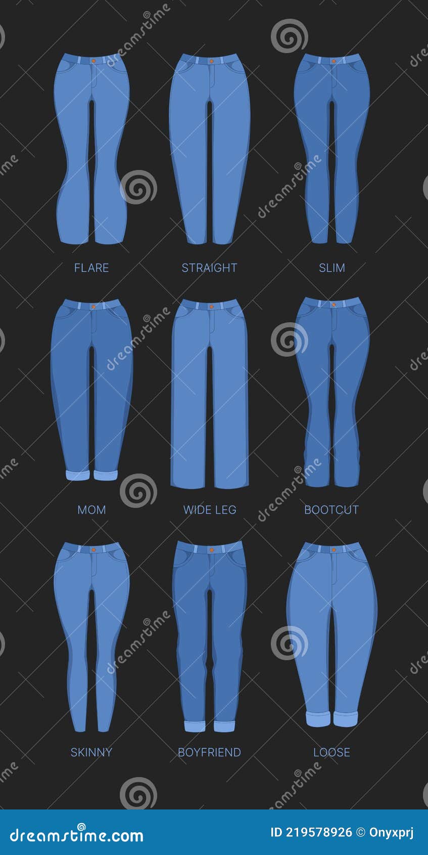 Denim Woman Clothes. Skinny Pants for Girls Various Types of Textile Jeans  Garish Vector Flat Illustration Collection Stock Vector - Illustration of  casual, clothing: 219578926