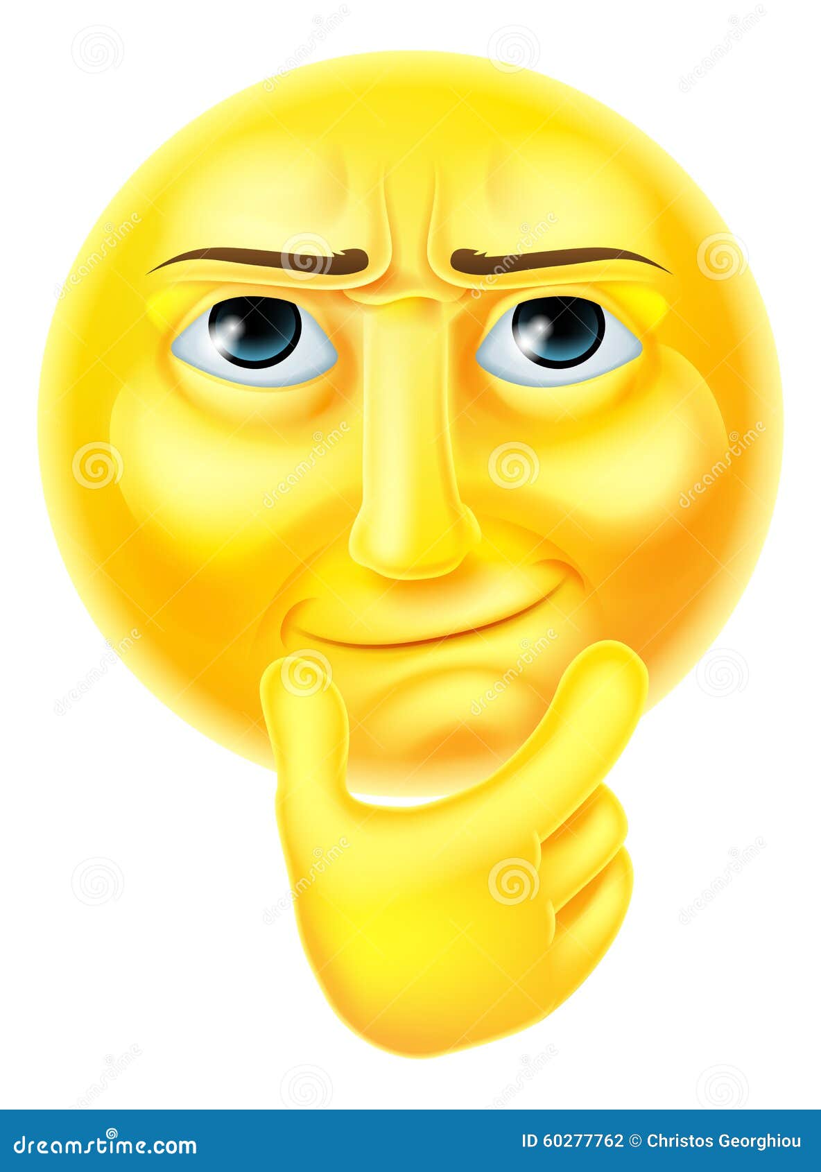 Denkender Emoji-Emoticon. Ein denkender emoji Emoticonsmiley-Gesichtscharakter, der mit der Hand auf Kinn interessiert schaut