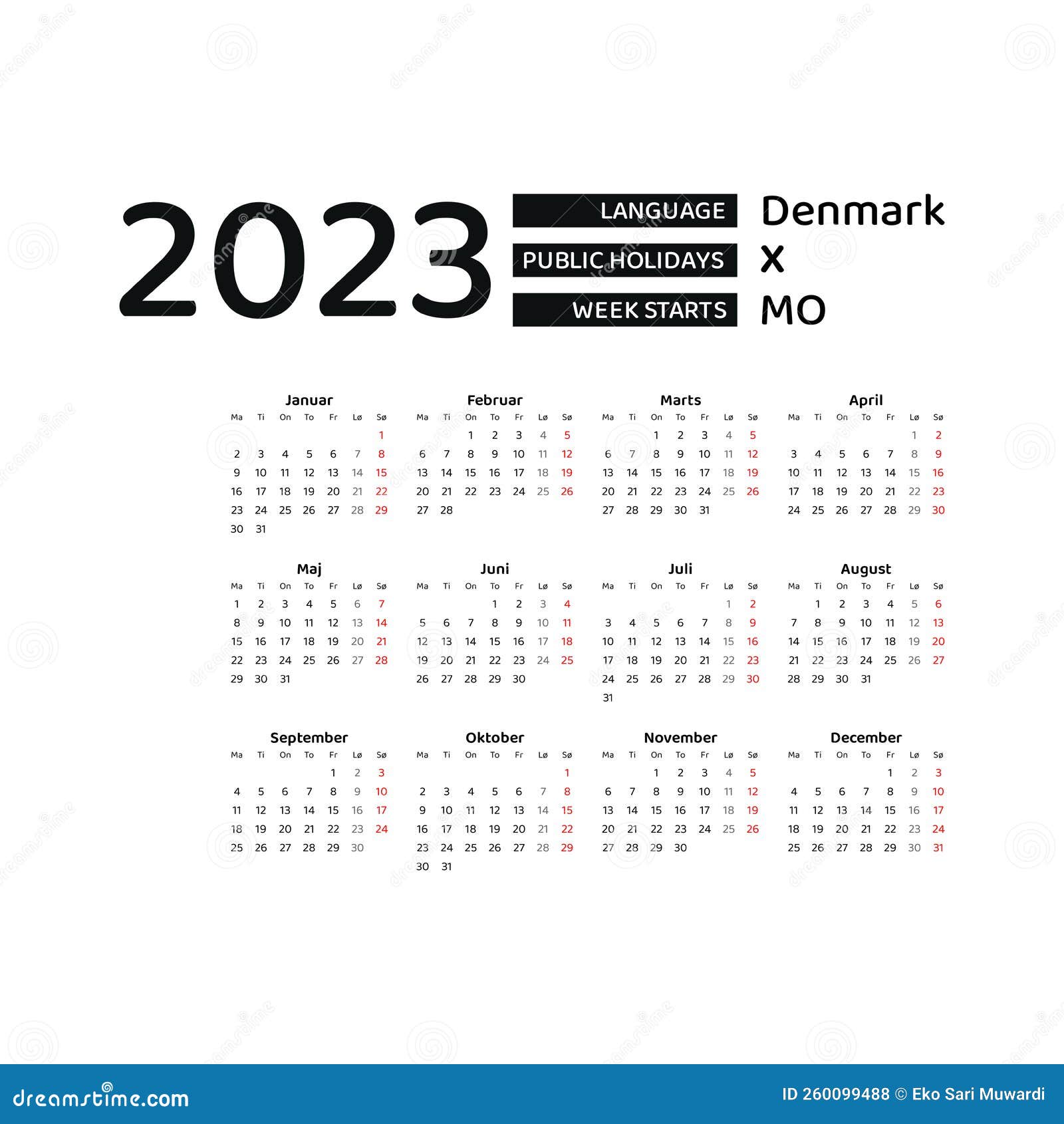 Denmark Calendar 2023 Week Starts From Monday Stock Illustration