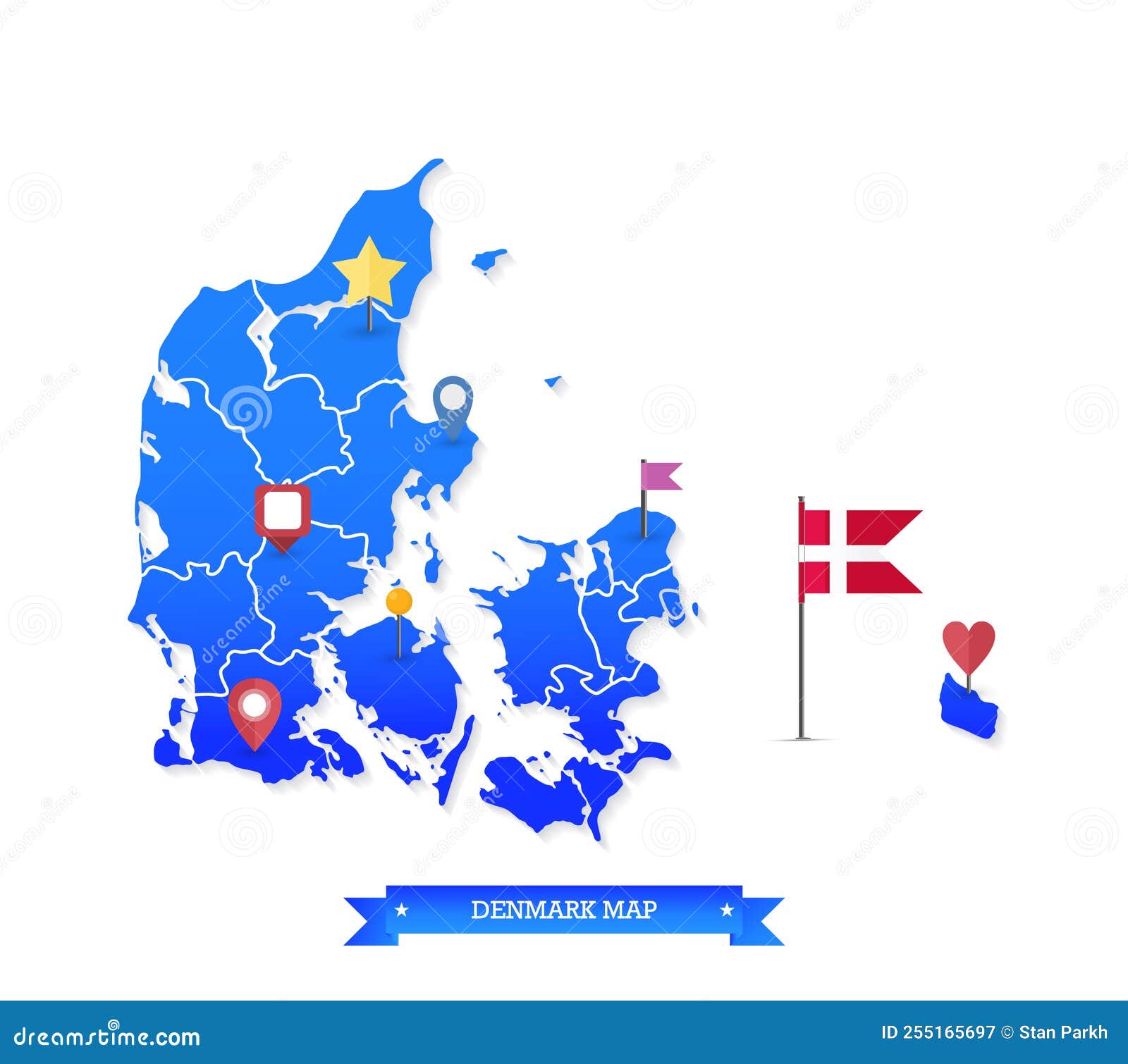 Denmark Map 3D and Icons stock vector. Illustration of shadow 255165697