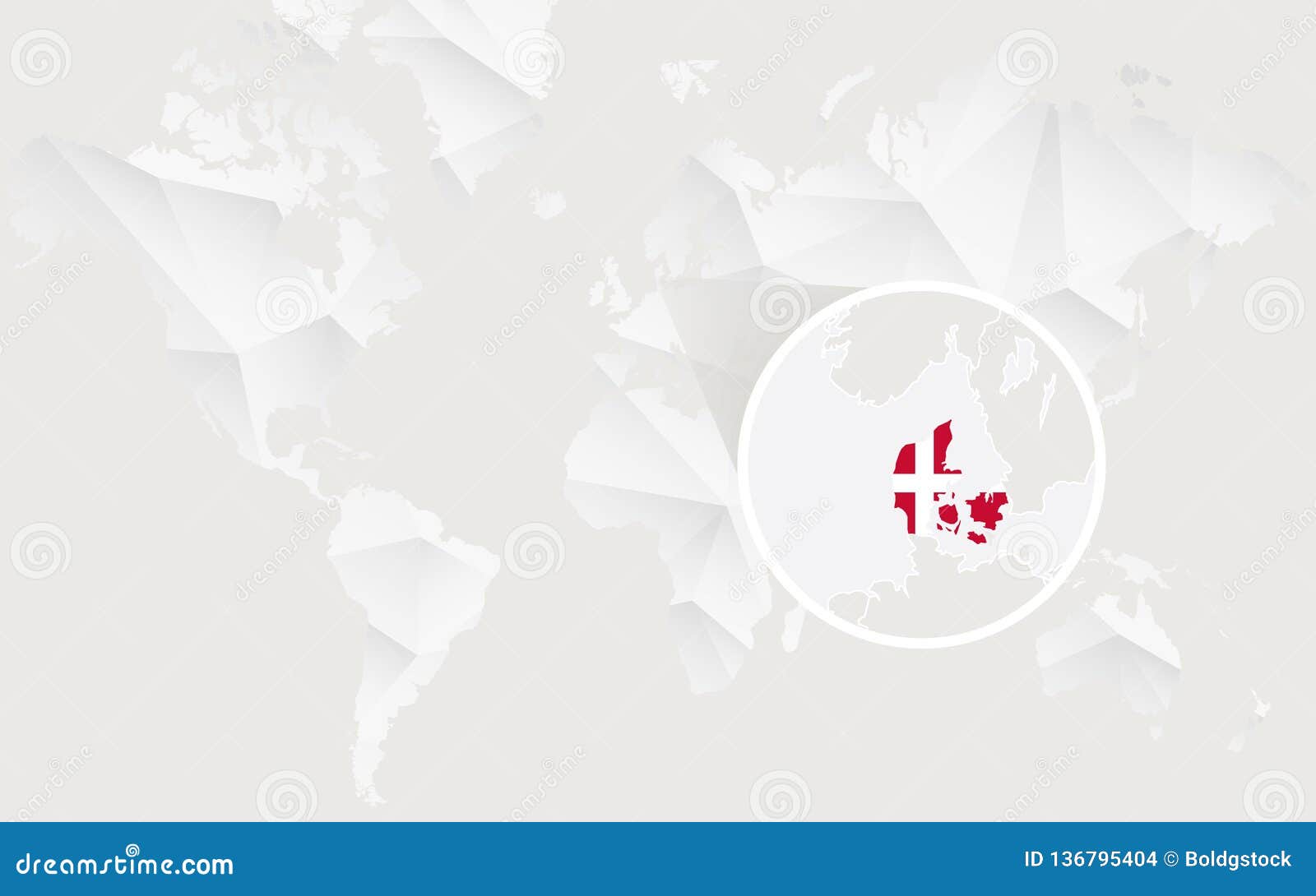 Denmark Map with Flag in Contour on White Polygonal World Map Stock