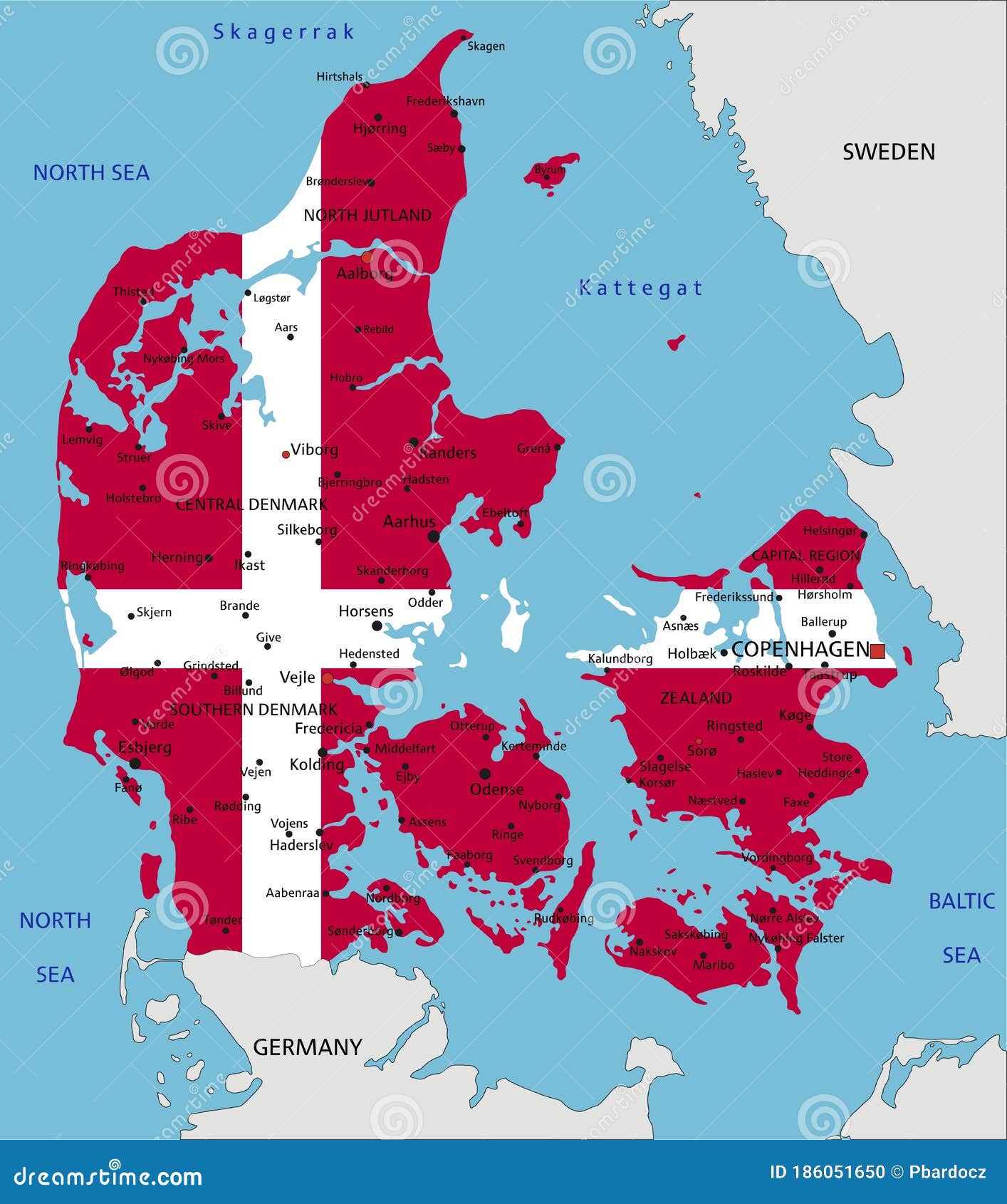 Denmark Highly Detailed Political Map with National Flag Isolated on