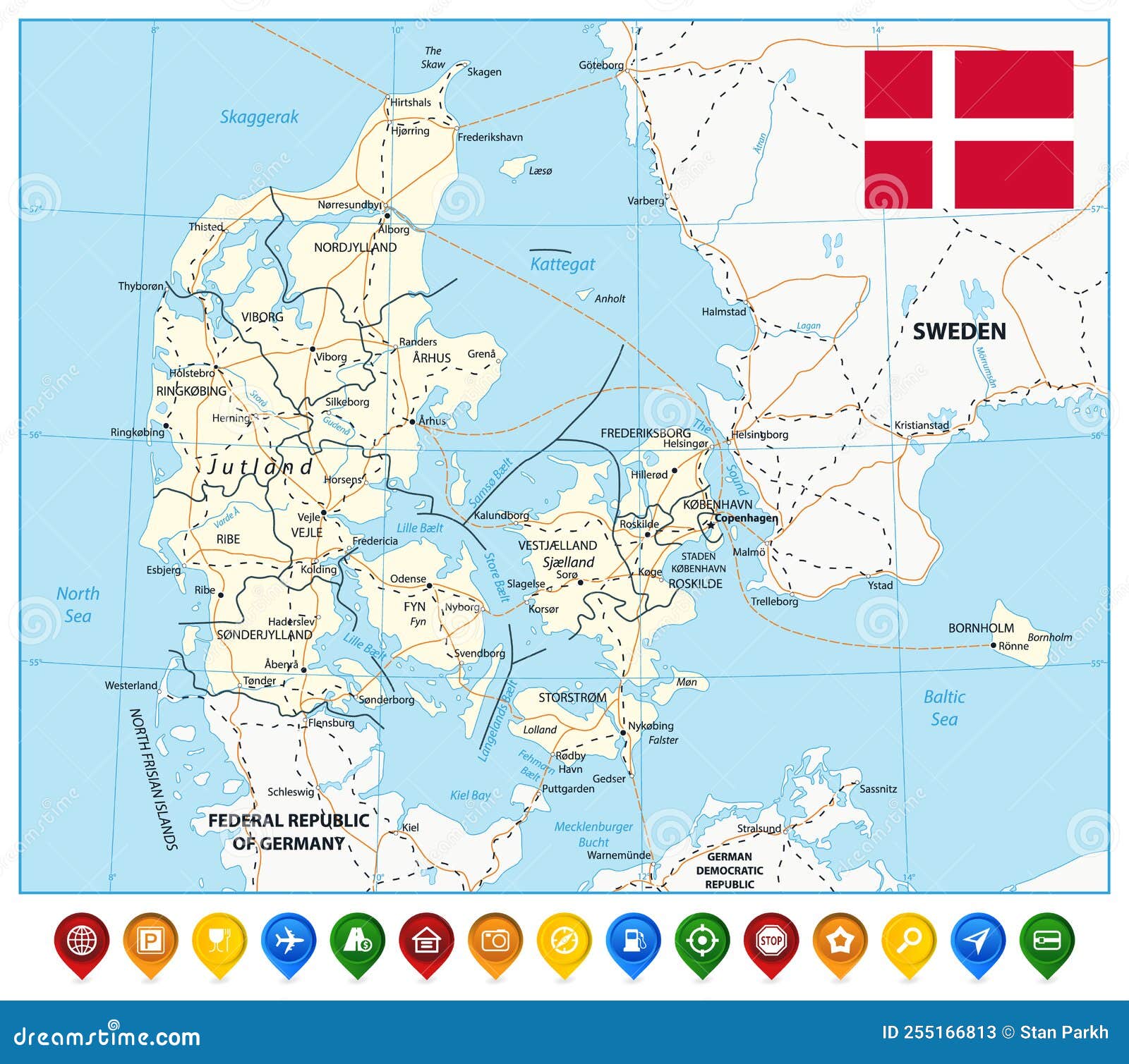 Denmark Road Map Highly Detailed Editable Map Stock Vector