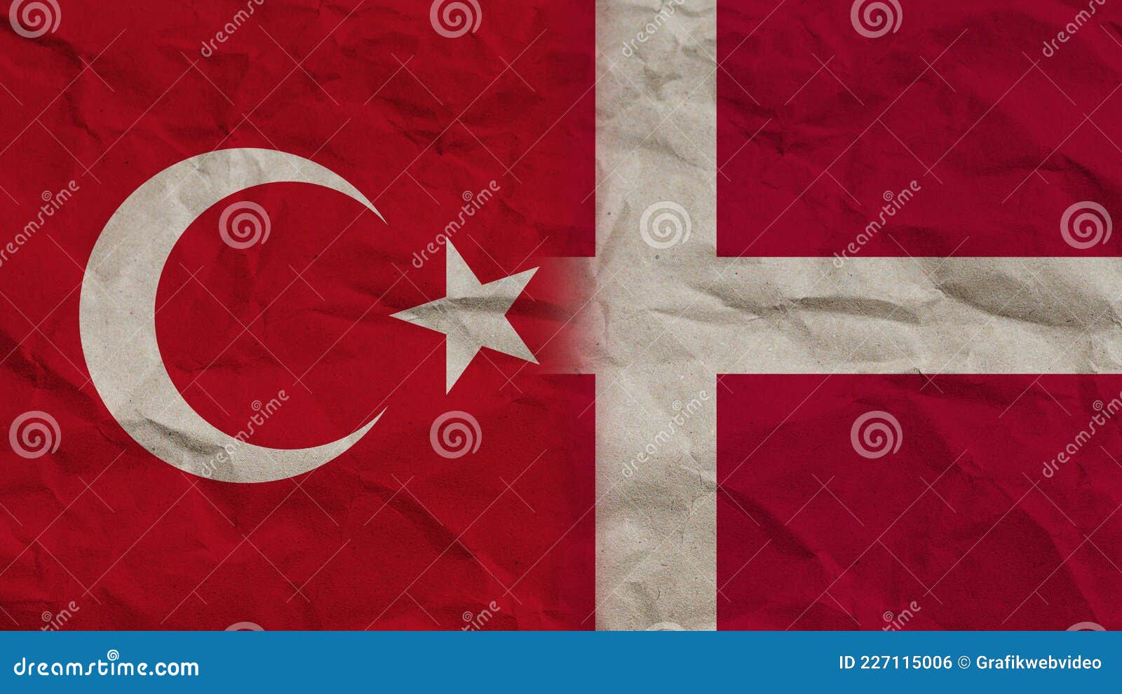 Denmark and Turkey Flags Together, Crumpled Paper Effect 3D