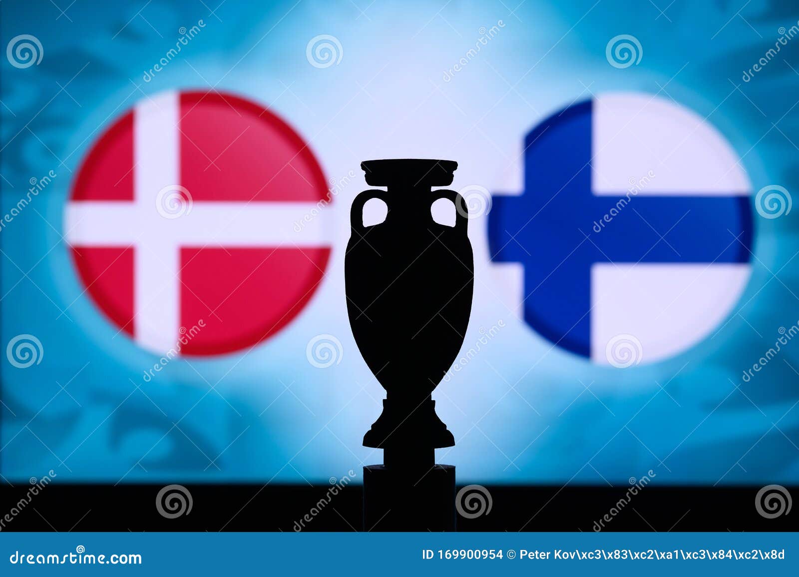 Denmark Vs Finland Euro National Flags And Football Trophy Silhouette Background For Soccer Match Group B Copenhagen 13 June Stock Photo Image Of Score Field 169900954