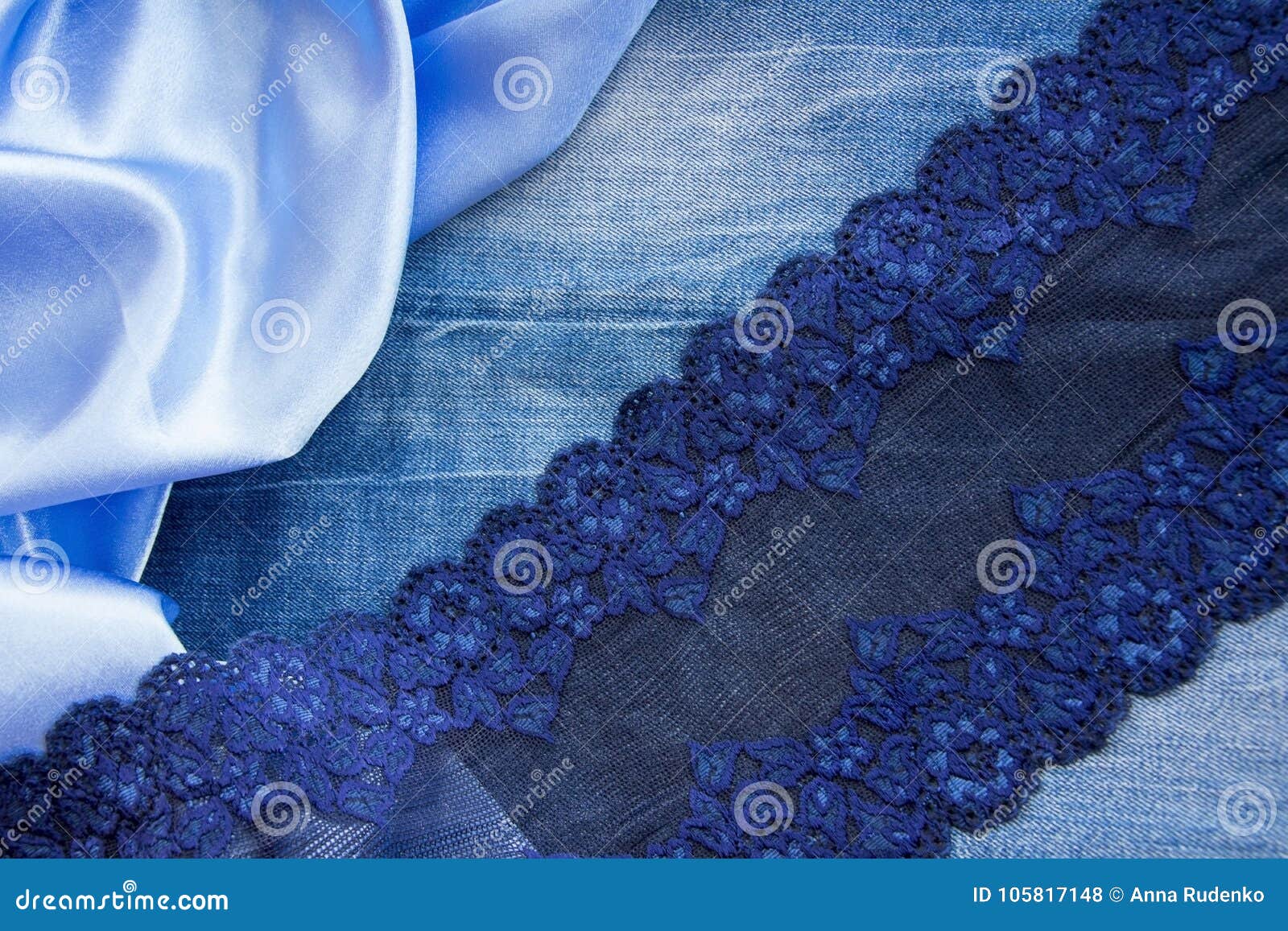 Dense Blue Denim Fabric, Smooth Sky-blue Silk and a Delicate Lac Stock ...