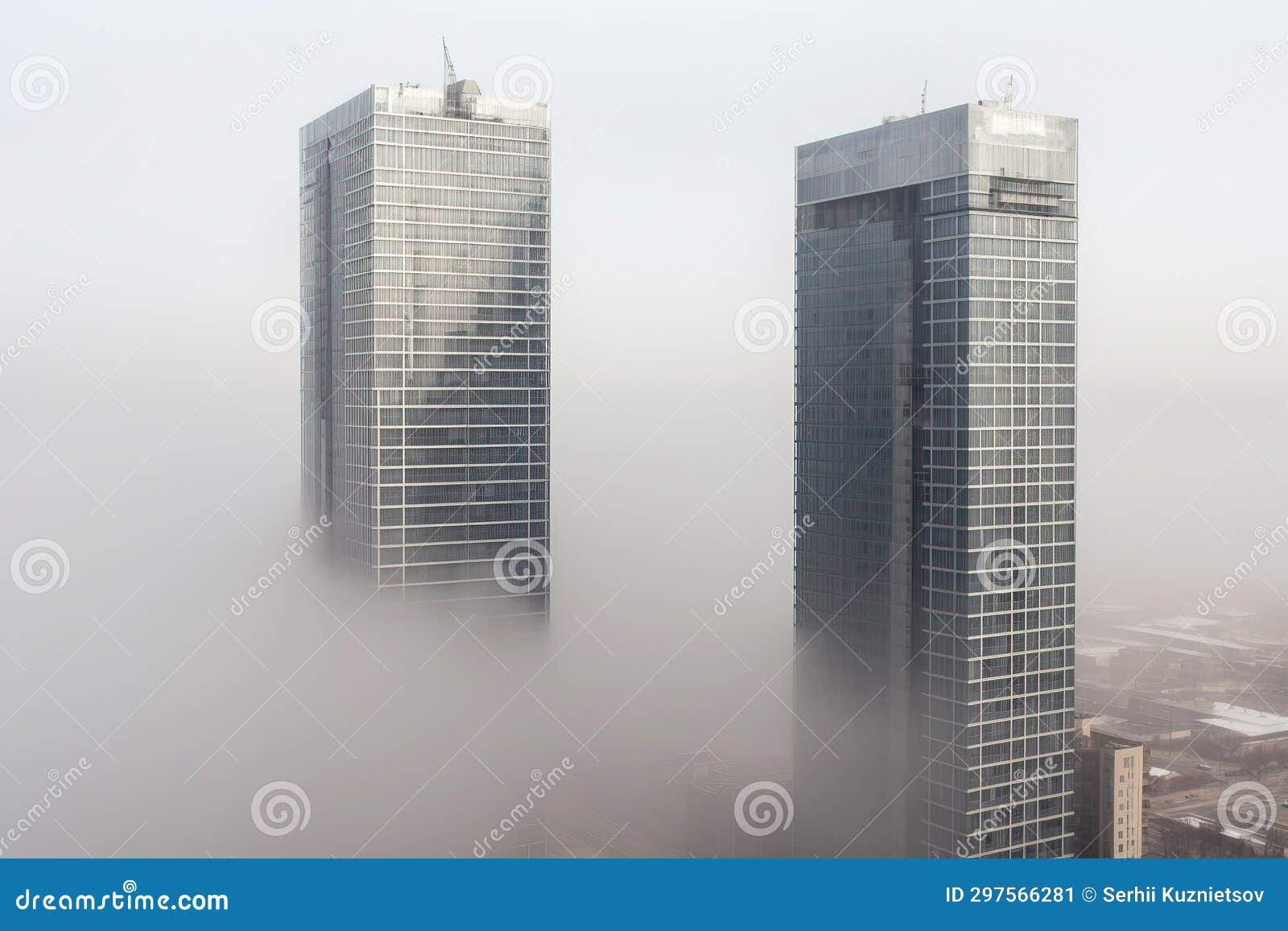 dense dense fog cloud over high-rise office buildings, architecture in a smoky effect. ai generated.