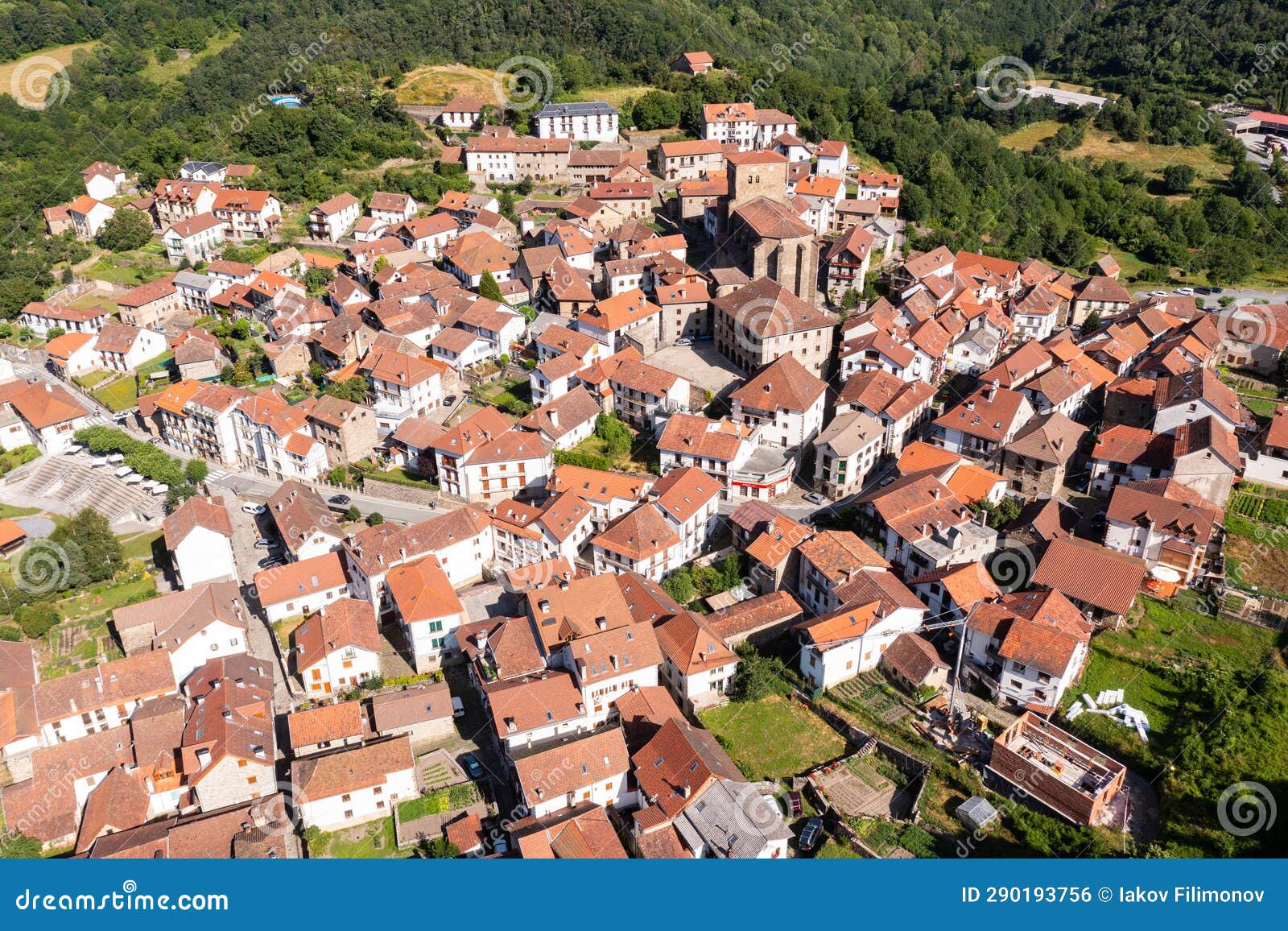dense urban development of medieval spanish town of isaba, view from above.