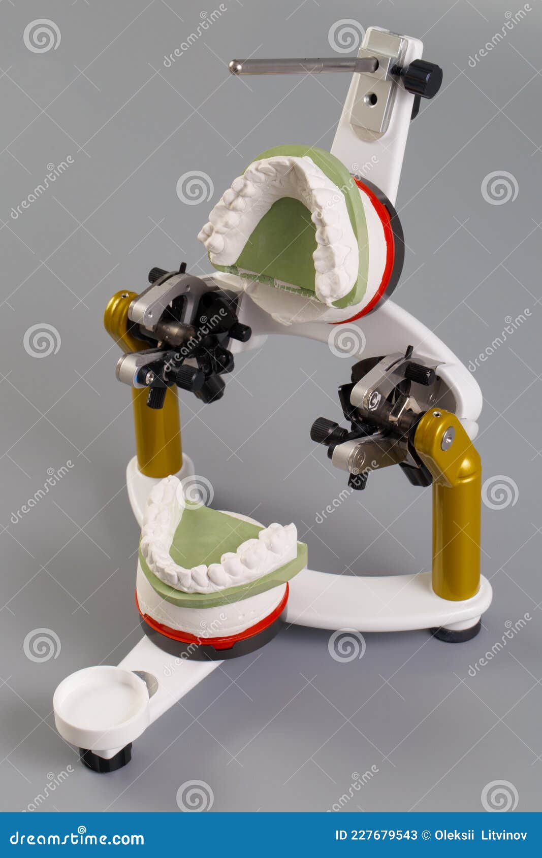 Dental Articulator With Artificial Denture On A Gray Background Stock