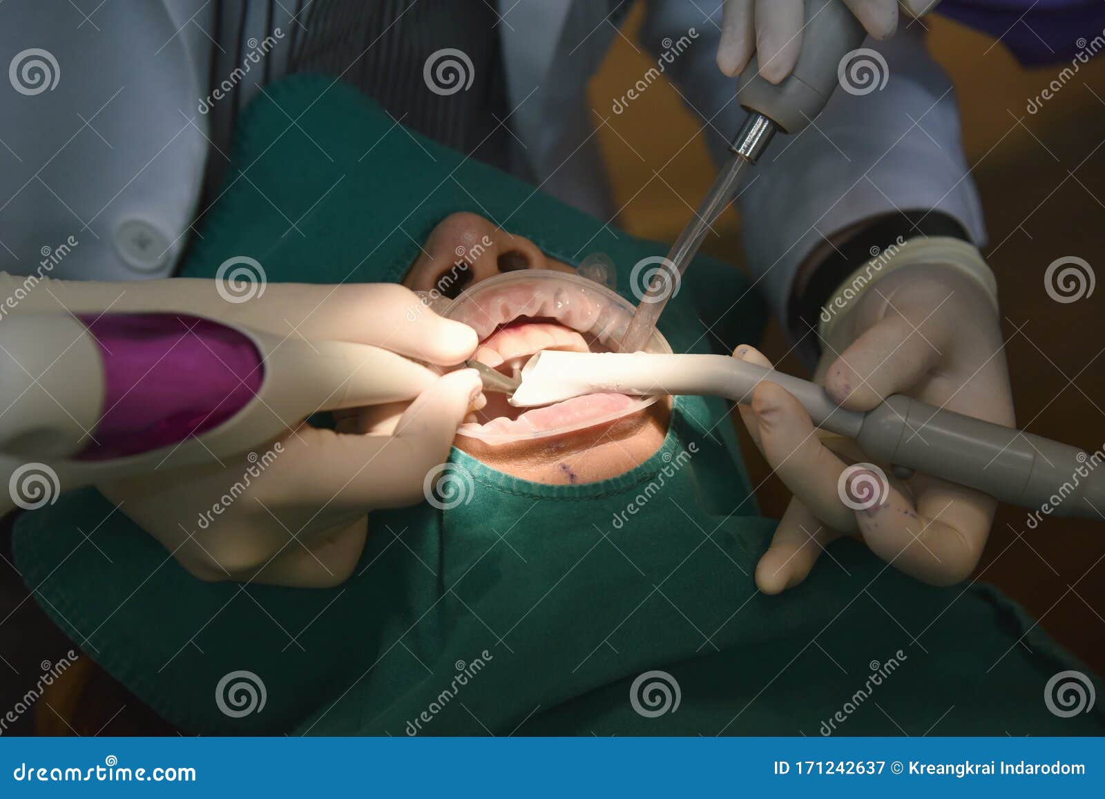 dental care check up, dentist examining and doing teeth treatment in dental clinic, yearly visit for teeth cleaning.