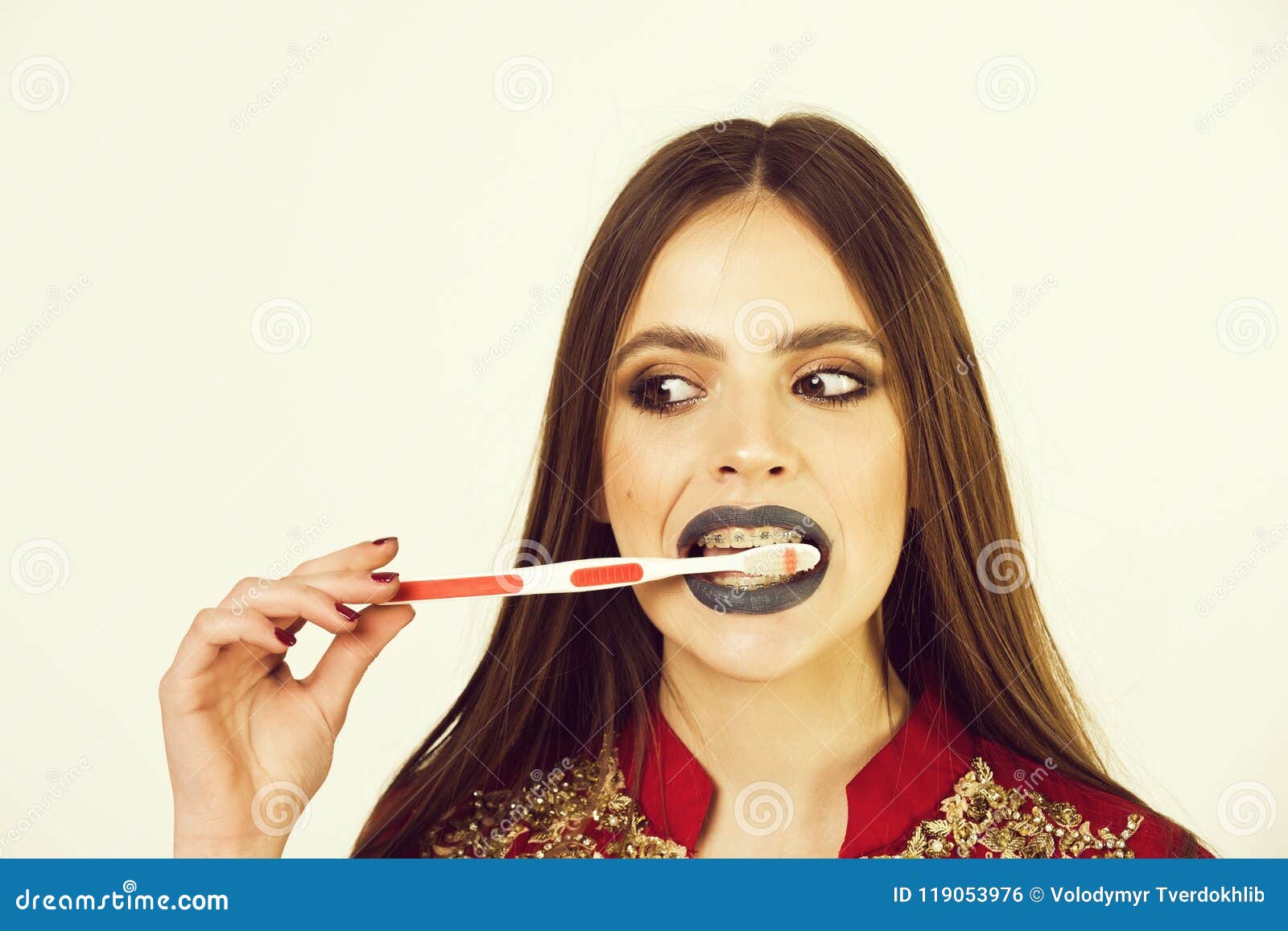 Dental Care Girl With Teeth Braces And Brush Has Fashio