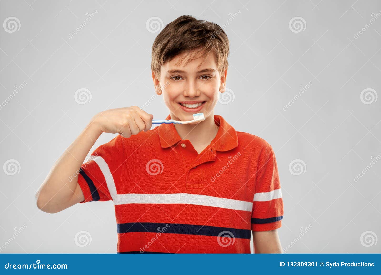 Happy Boy Brushing Teeth With Toothbrush Stock Image Image Of