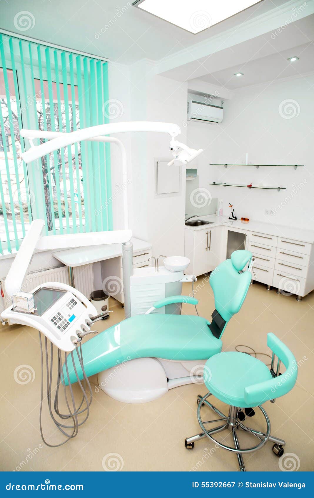 Dental Clinic Interior Design With Chair And Tools Stock