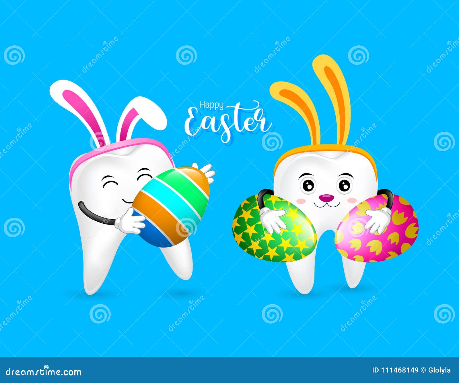 Bunny Tooth Character Holding Easter Eggs. Stock Vector Illustration