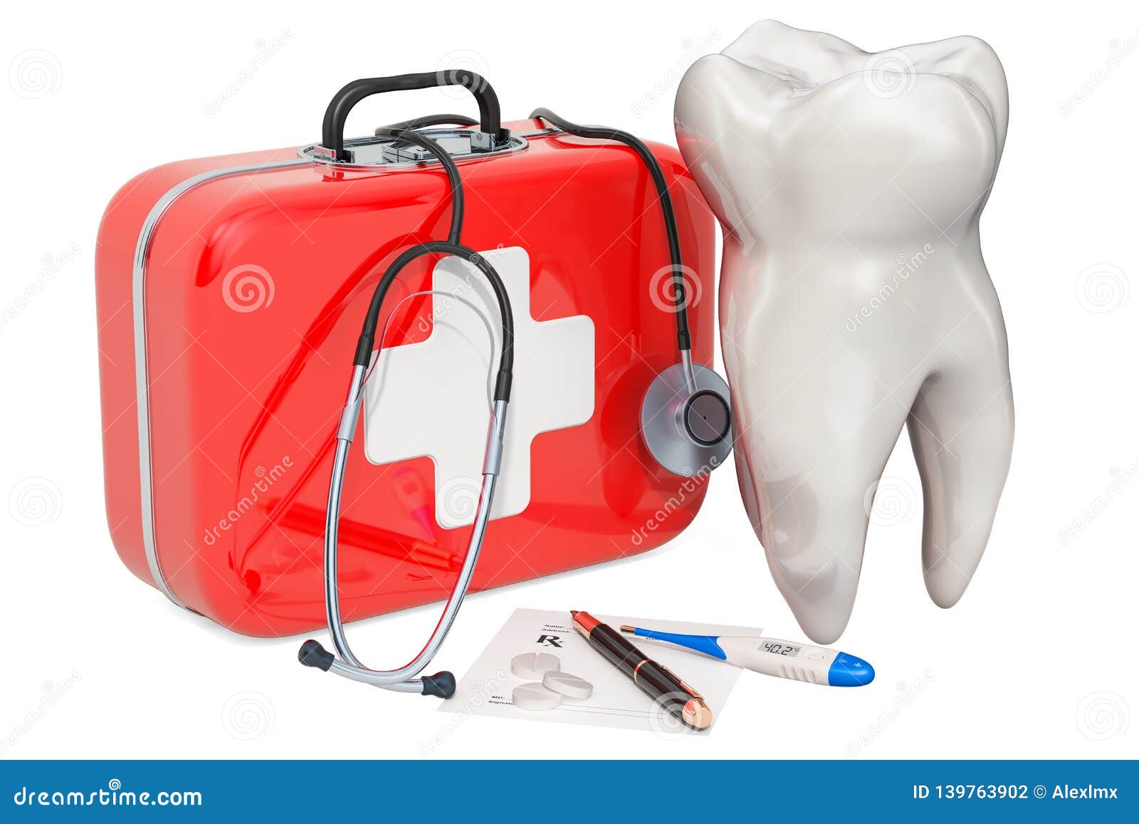 Dental First Aid Concept. Tooth with First Aid Kit, 3D Rendering Stock