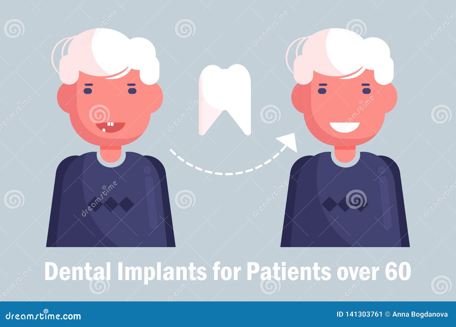 Dental Implants for the Elderly Vector. Cartoon. Isolated Art Man Stock