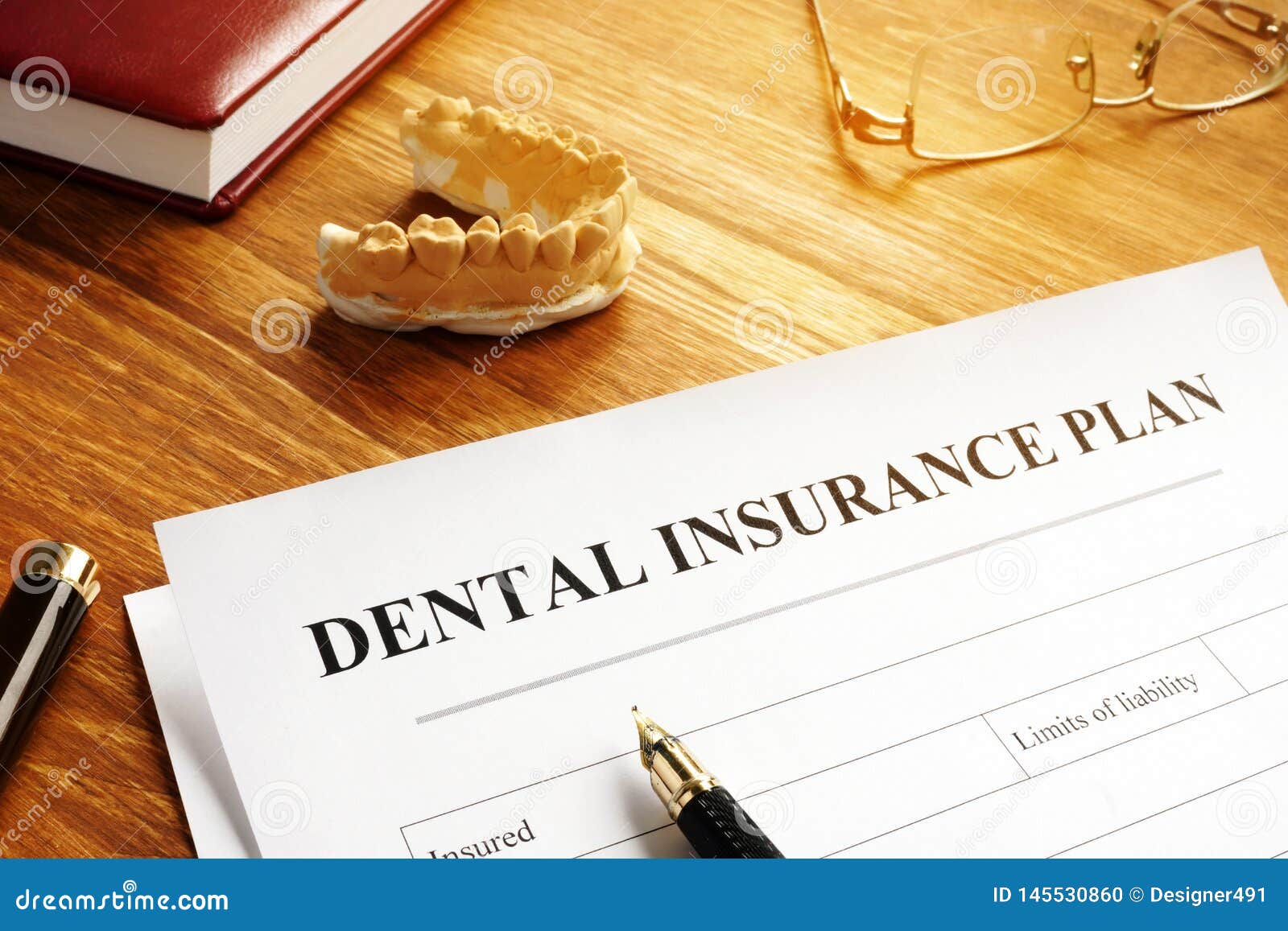 Dental Insurance Plan Policy and Glasses. Stock Photo Image of desk