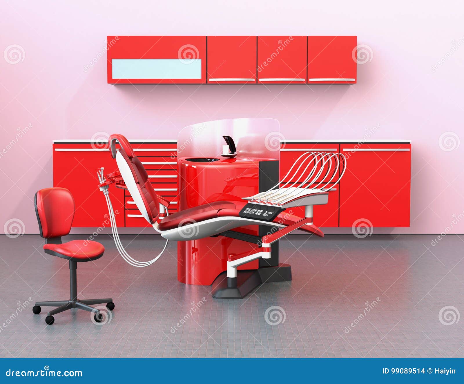 Dental Office Interior With Red Unit Equipment And Cabinet Stock