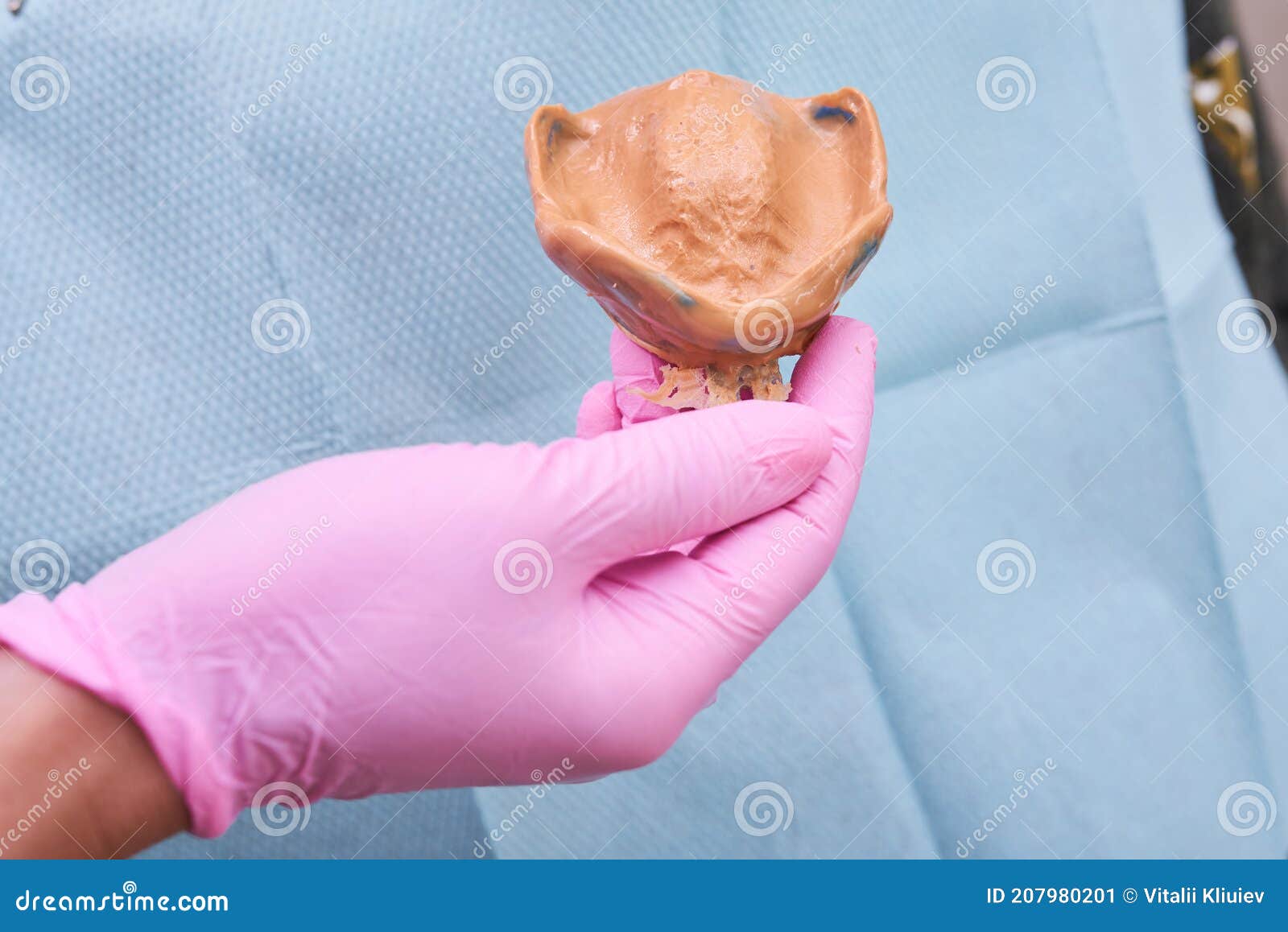 Dental Technician Making Dentures. Dental Prosthesis in Medical Hands before Prosthetics Work