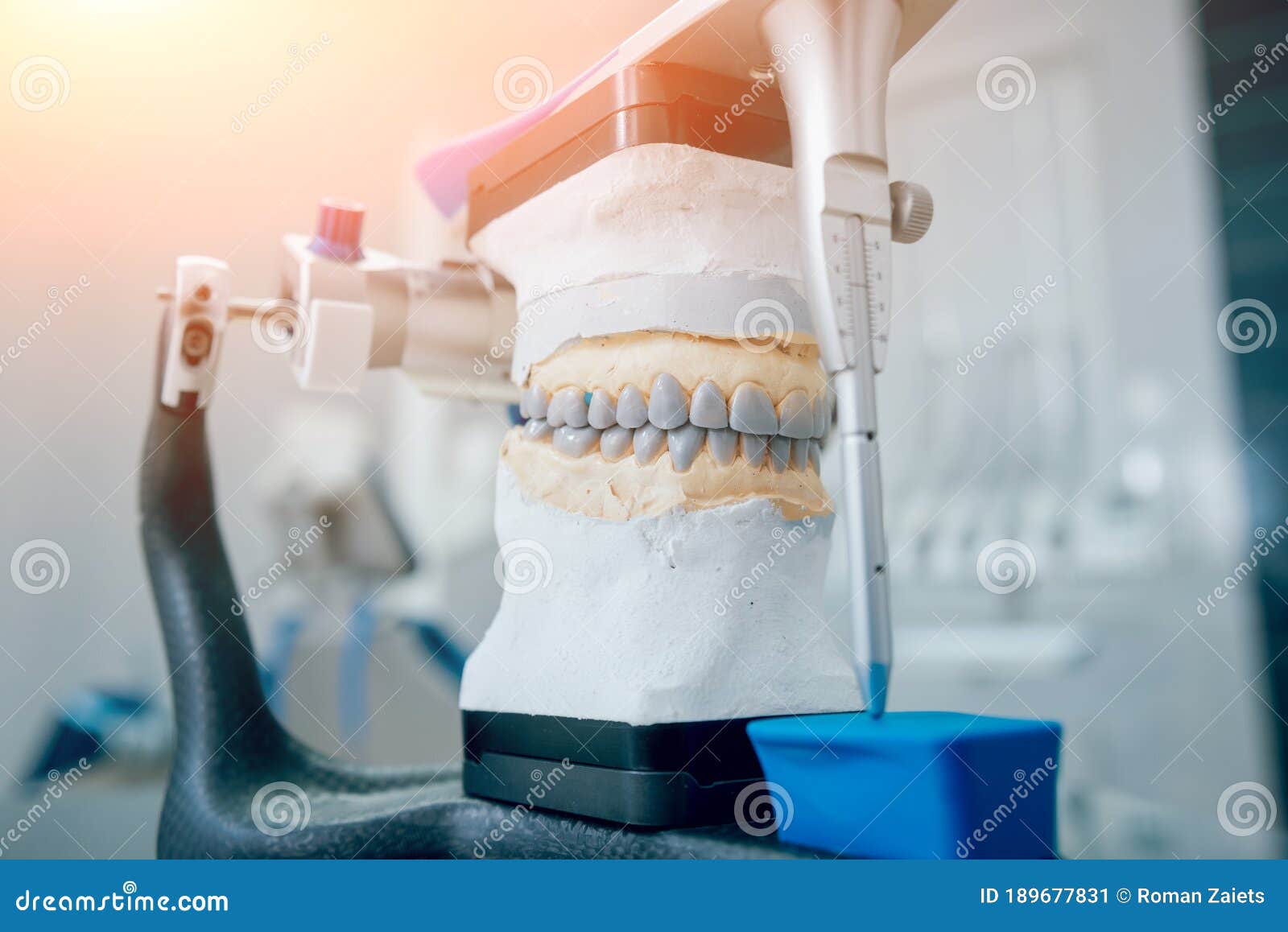 Dental Technician Working with Articulator in Dental Lab Stock Image