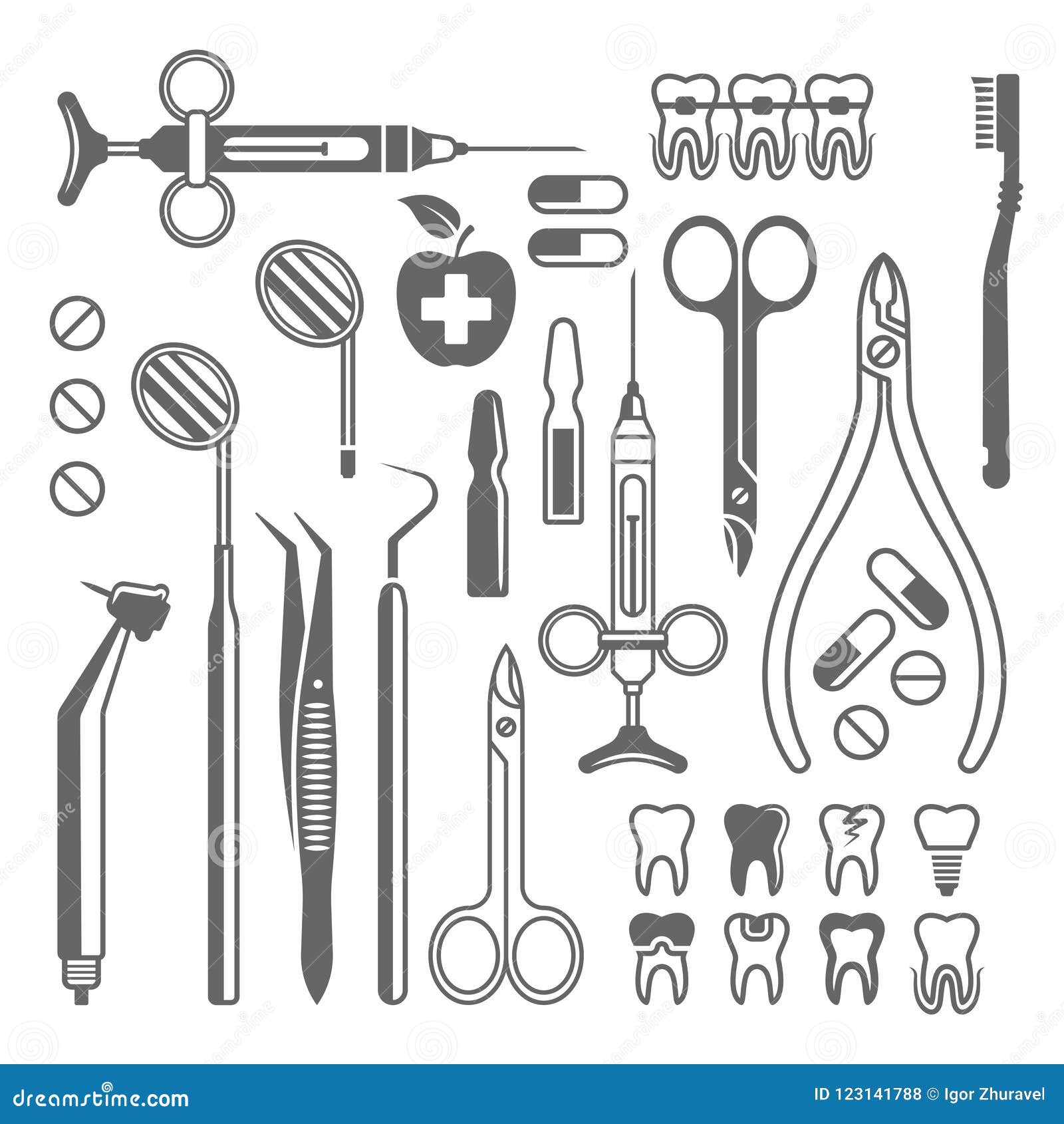 Dentist Tools And Dentistry Instruments Icon Set Stock