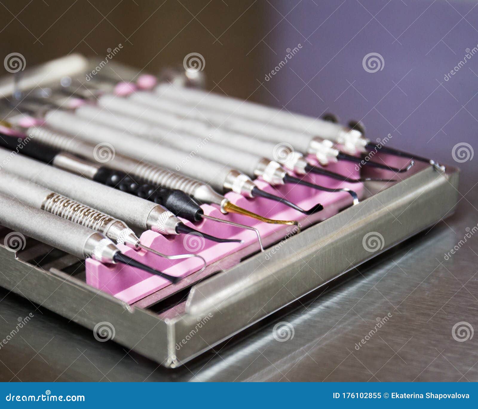 Dental Tools for Treatment on a Medical Tray in a Dental Office Stock