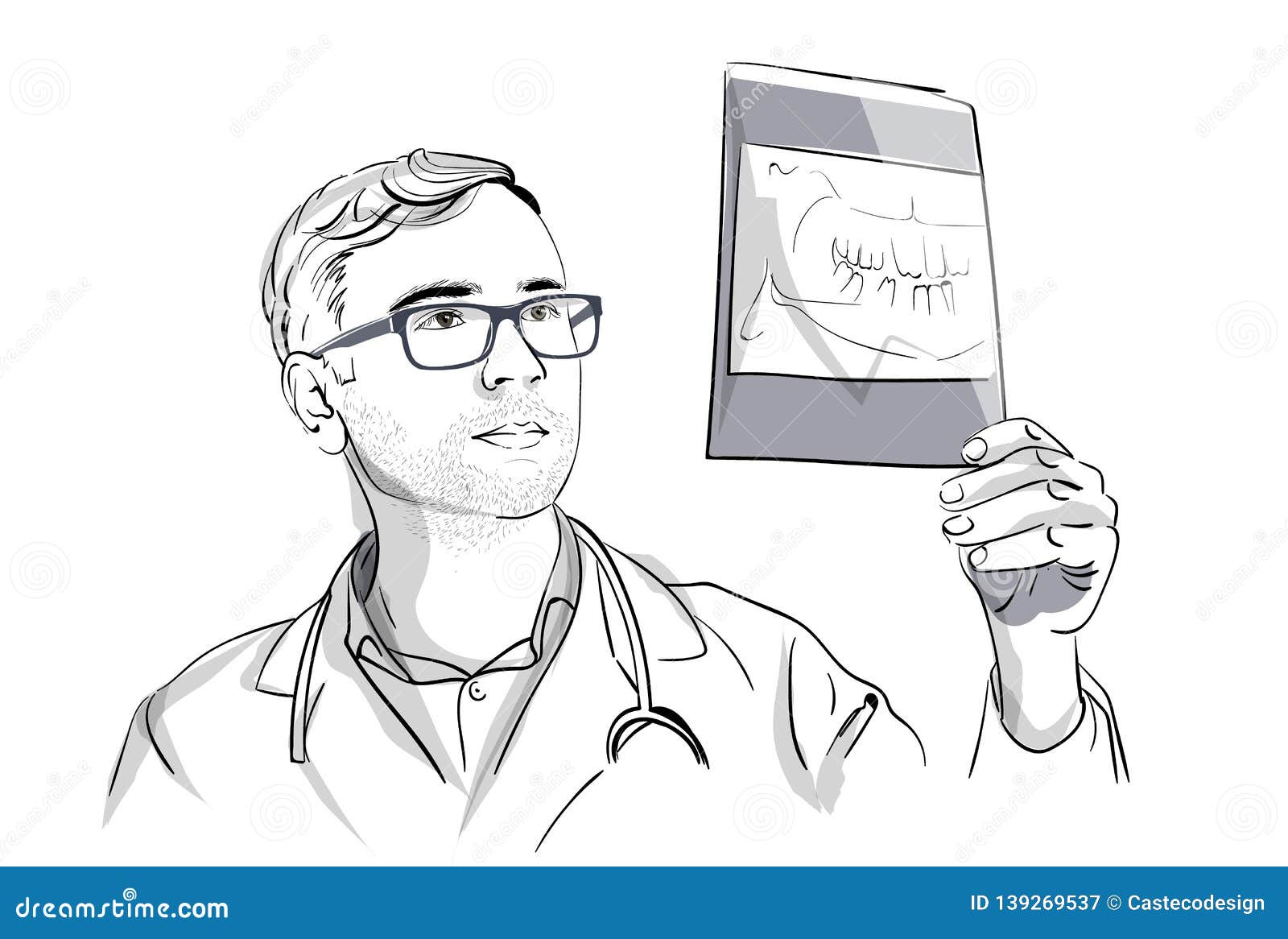 dentist analyzing an x-ray  sketch storyboard. detailed character s