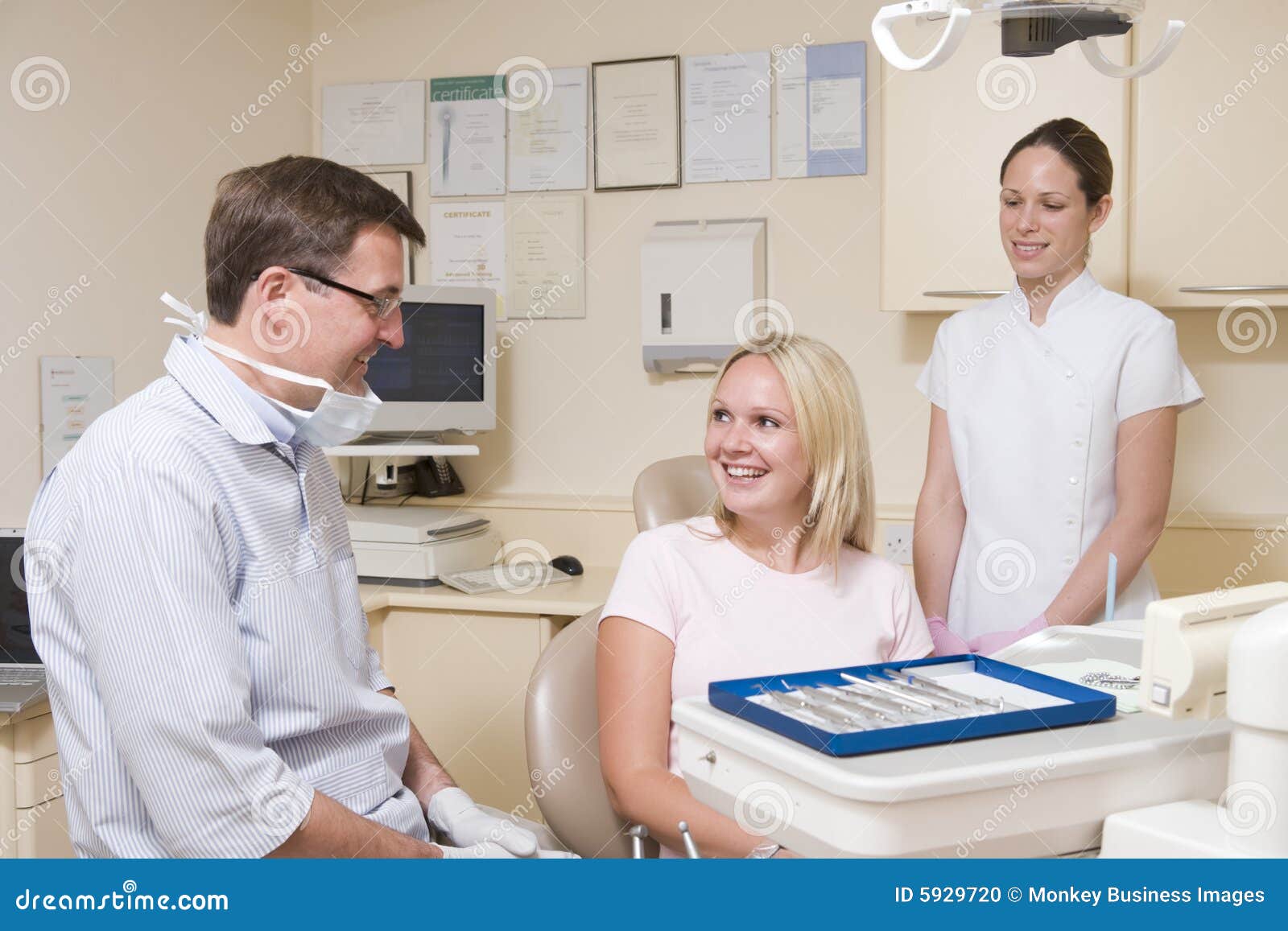 Dentist And Assistant In Exam Room With Woman Stock Photo Image 5929720