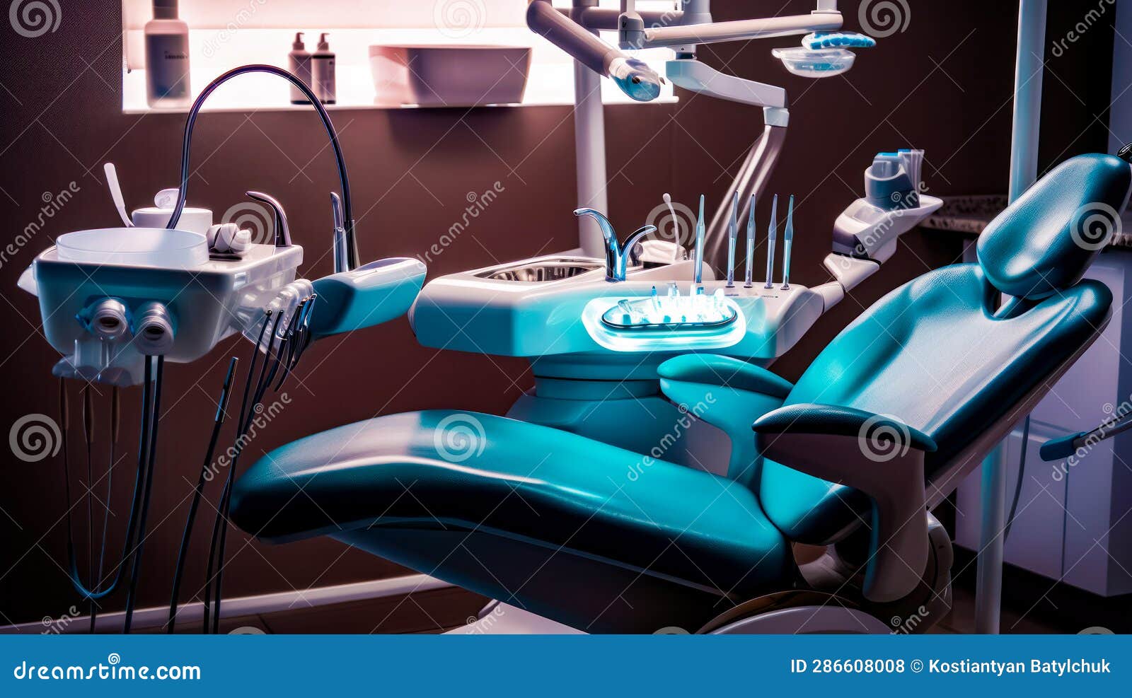 Dentist Chair with Sink and Toothbrushes in it and Mirror in the