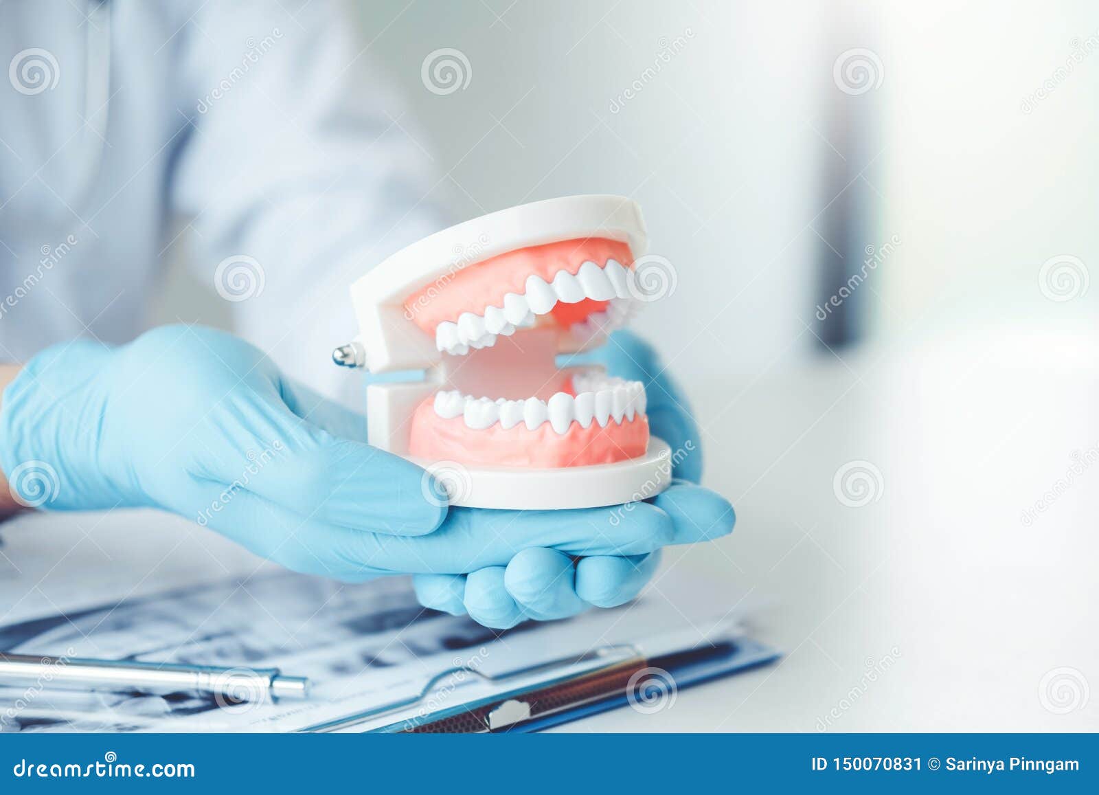 dentist with denture learning how to teeth at dentistÃâs office