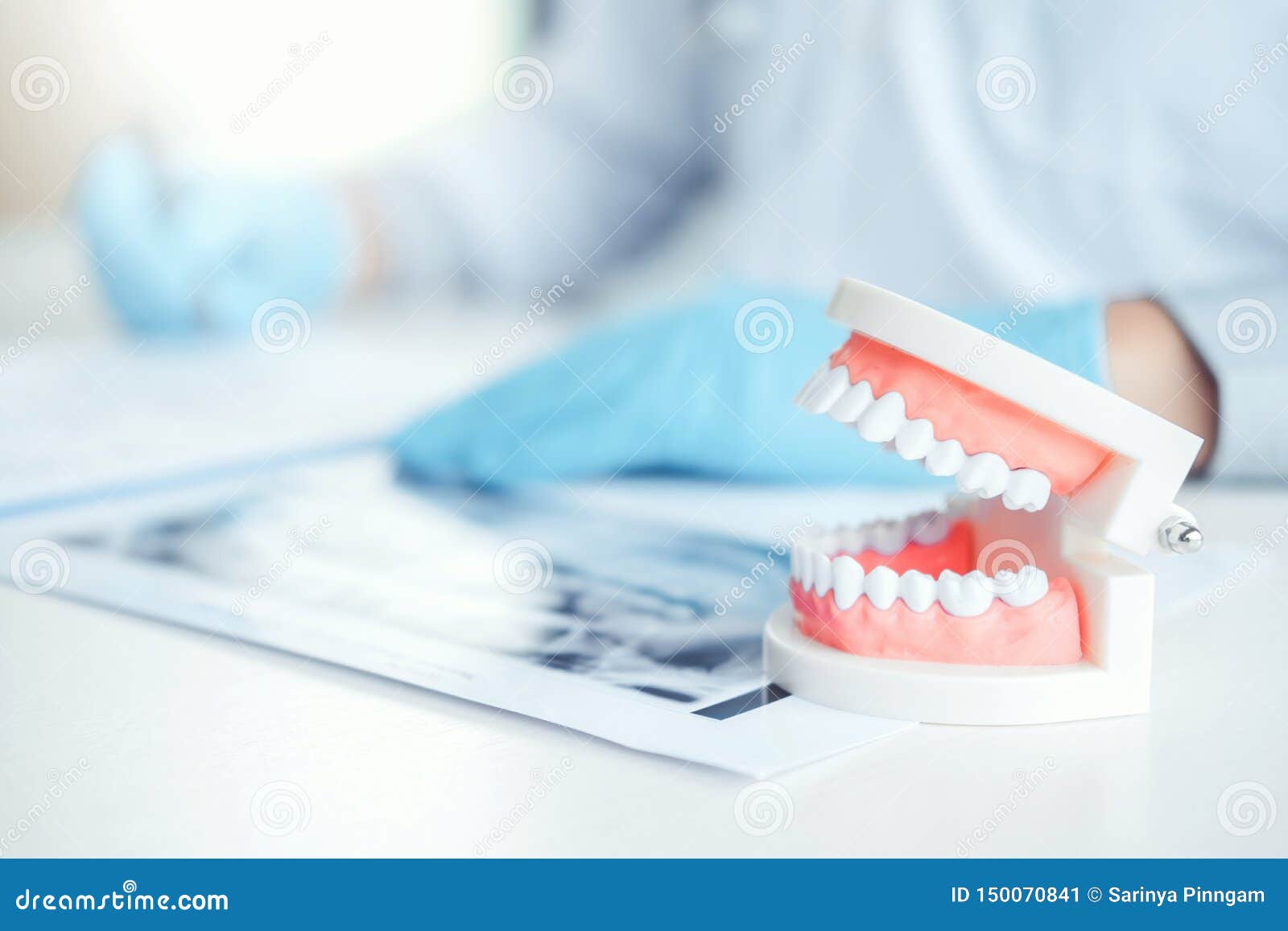 dentist with denture learning how to teeth at dentistÃâs office
