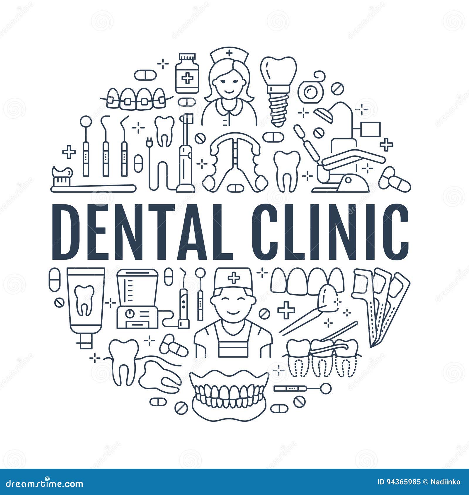 dentist, orthodontics medical banner with  line icon of dental care equipment, braces, tooth prosthesis, veneers