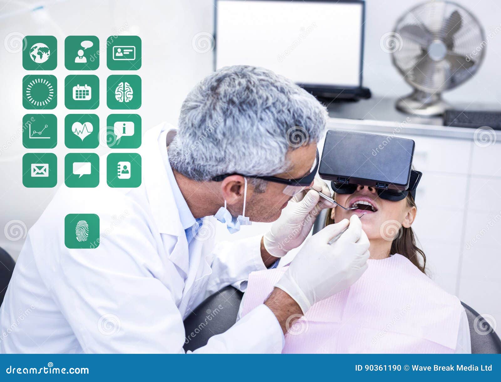 Dentist Patient Wearing VR Virtual Reality Headset with Interface Stock