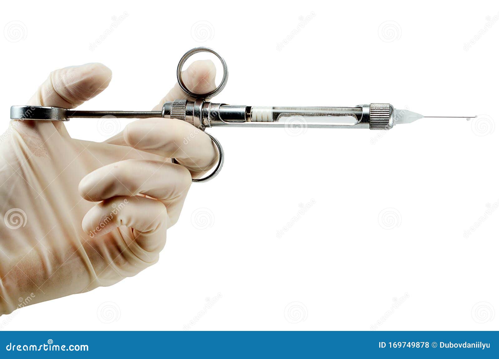 Dentist`s Hand with Carpool Syringe for Local Anesthesia on White