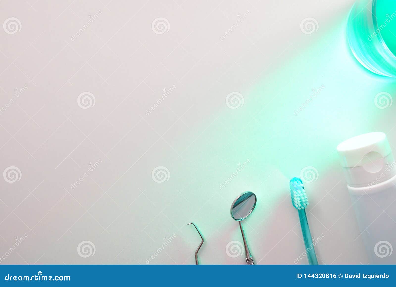 Dentist Tools and Mouthwash on Table with Green Light Top Stock Photo Image of prevention
