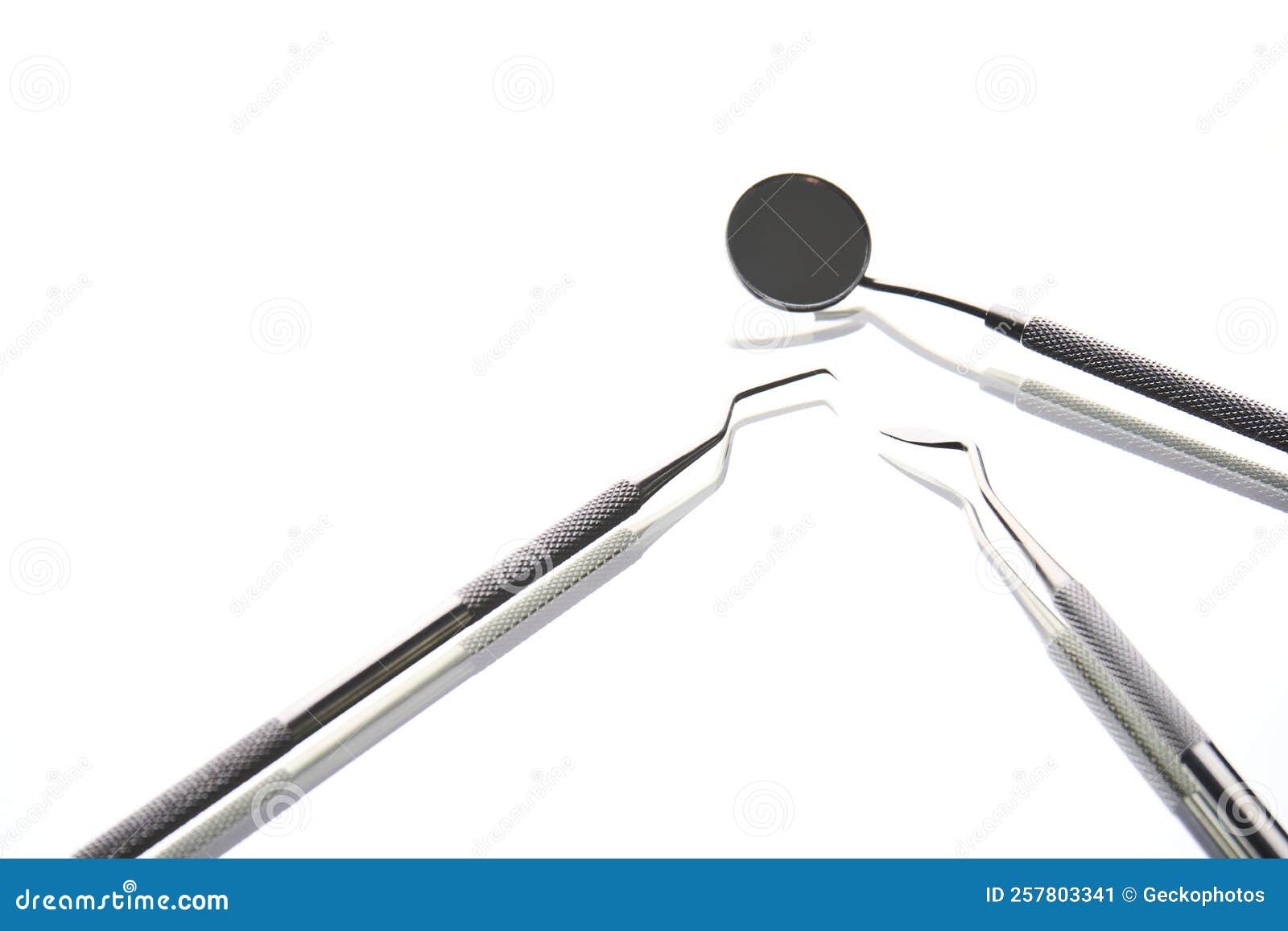 Dentist Tools on White Background with Copy Space, Closeup Stock Image