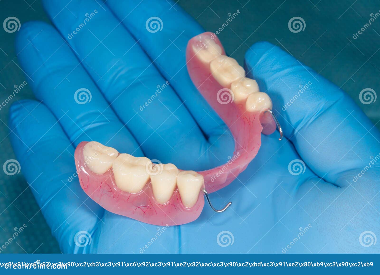 denture. partial removable denture of the lower jaw of a person with white beautiful teeth in the hand of a dentist. aesthetic