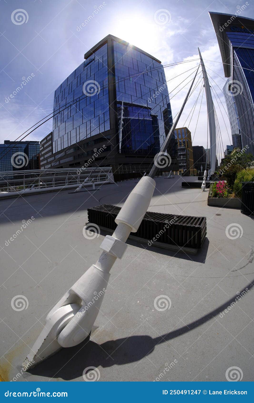 Denver Union Station Cable Suspension Bridge Tower Reflection Editorial