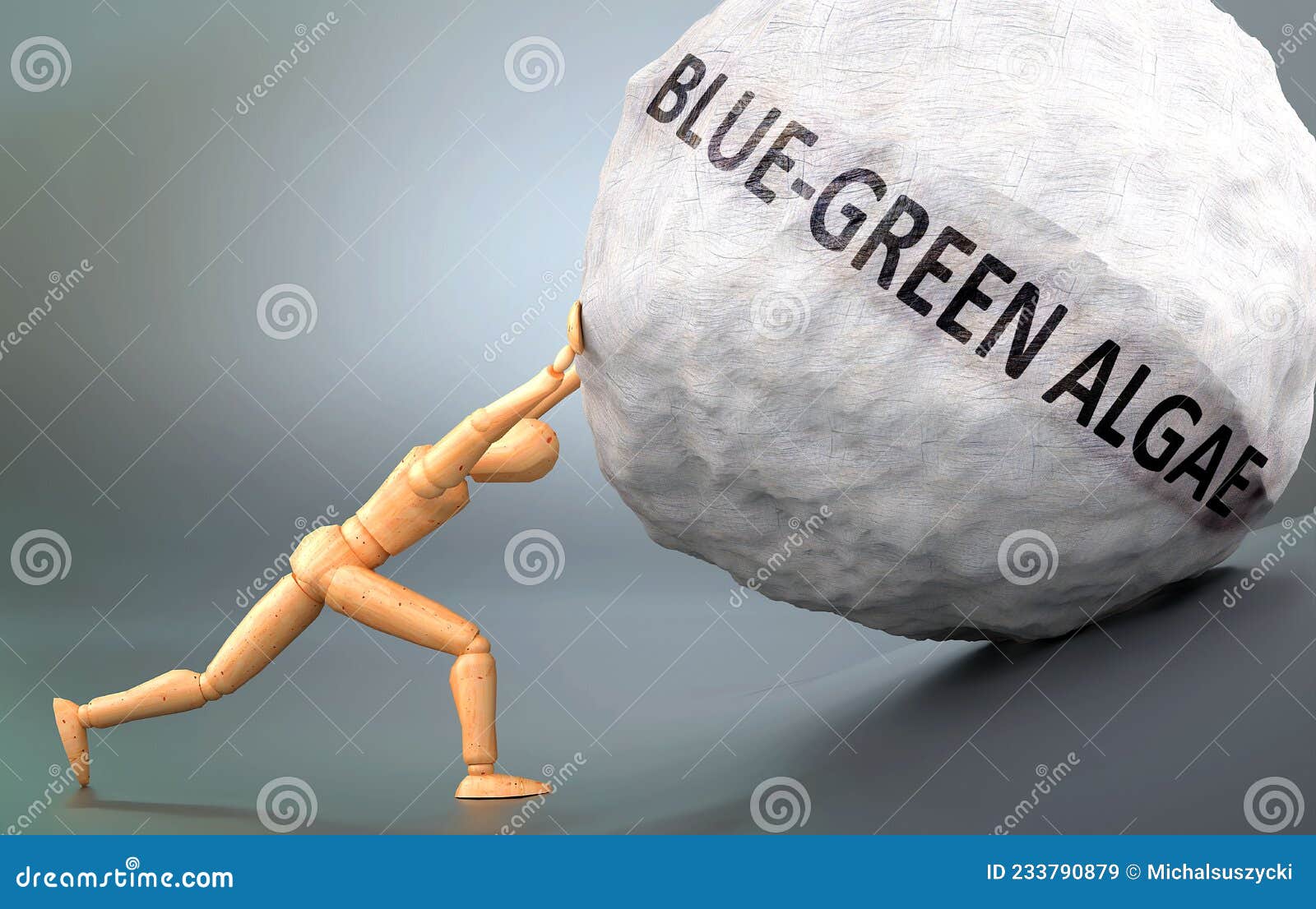 depiction of blue green algae  shown a wooden model pushing heavy weight to ize struggle and pain when dealing with blue