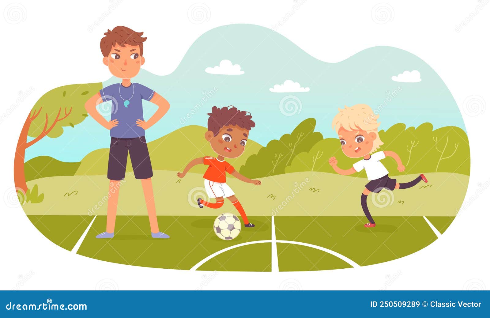 Niños Deportivos. Tierno Niño De Dibujos Animados Con Bolas. Entrenamiento  De Verano En Un Campo De Fútbol Vector Infantil Interna Ilustración del  Vector - Ilustración de fondo, hembra: 189515086