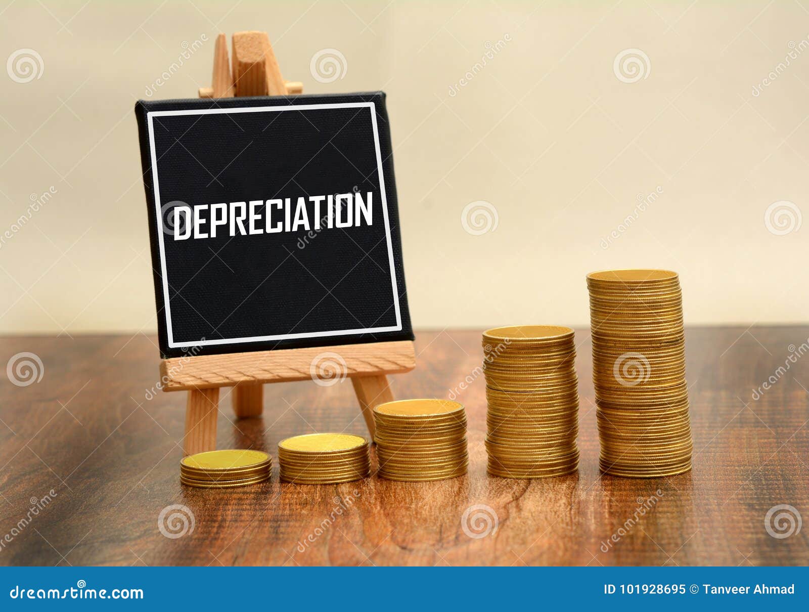 depreciation sign with currency gold coins stack
