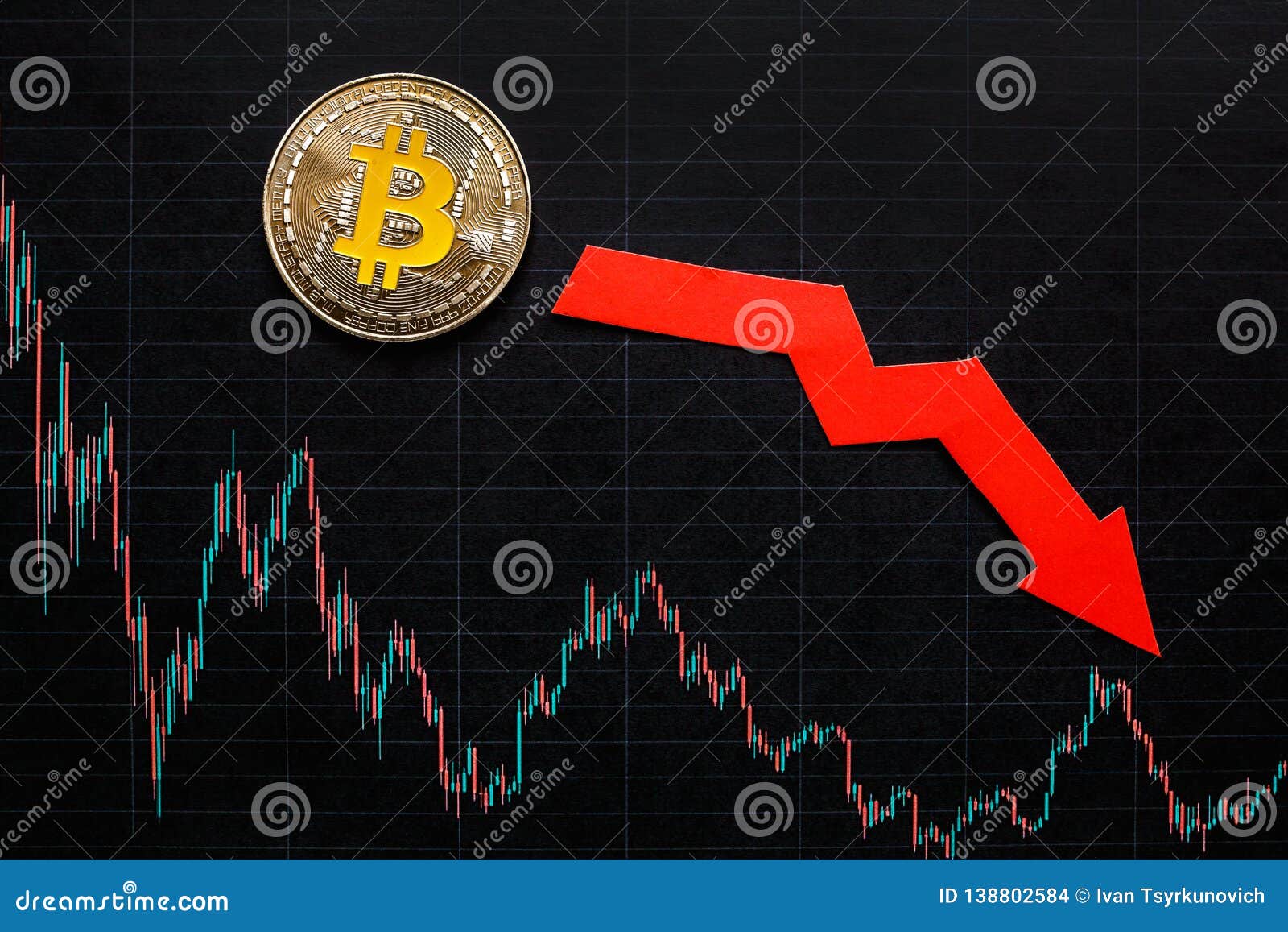 Depreciation Of Virtual Money Bitcoin. Red Arrow And ...